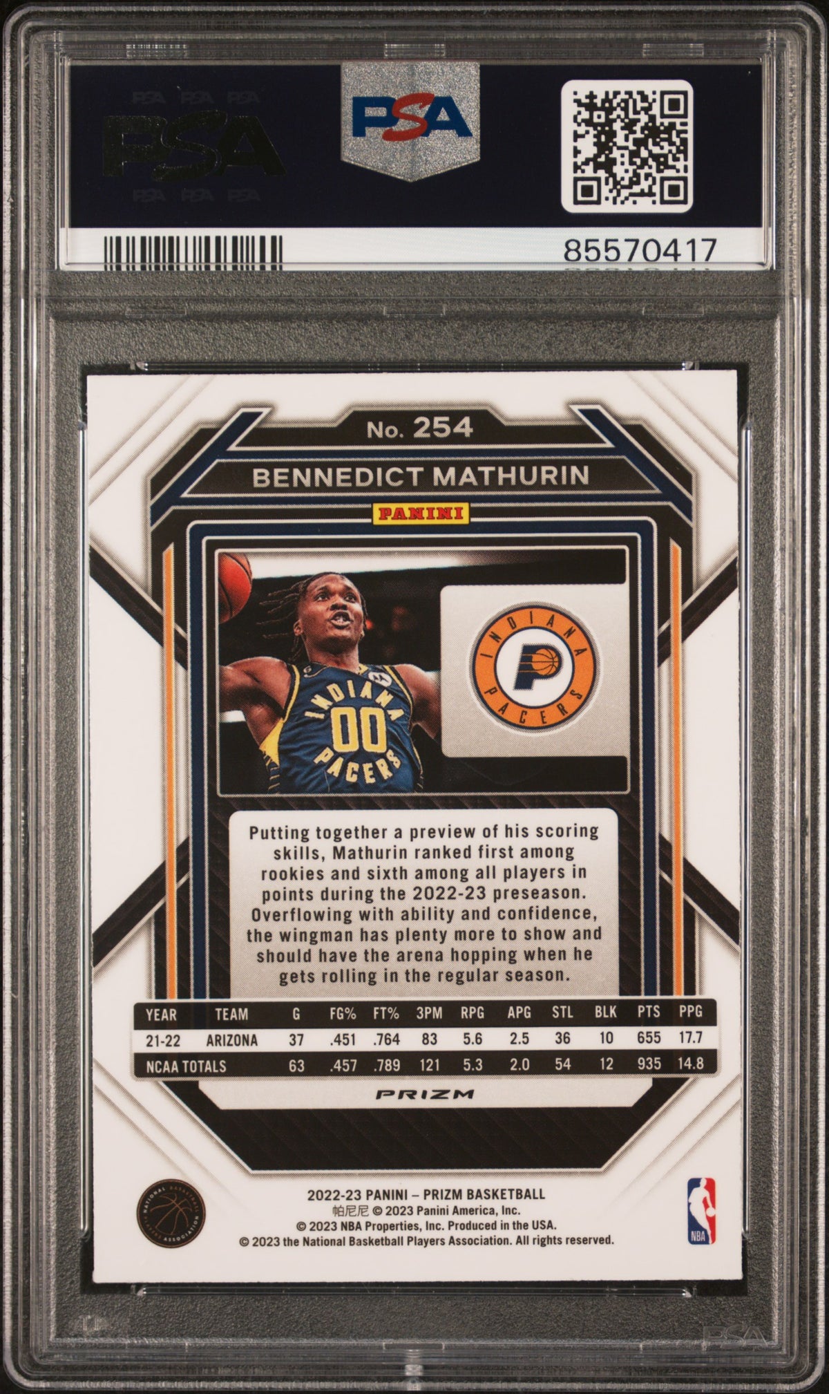 BENNEDICT MATHURIN 2022-23 Panini Prizm Rookie SIlver Prizm #254 PSA 10 Pacers
