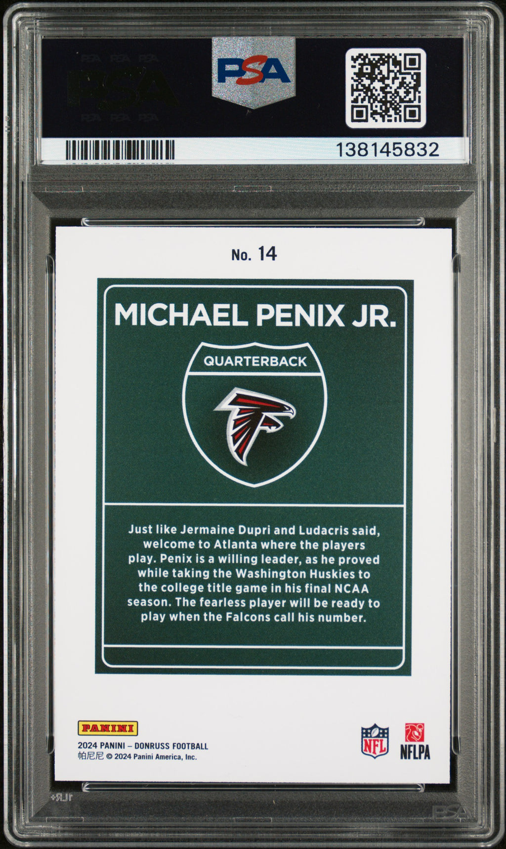MICHAEL PENIX JR. 2024 Panini Donruss Downtown Rookie Case Hit SSP #14 PSA 9