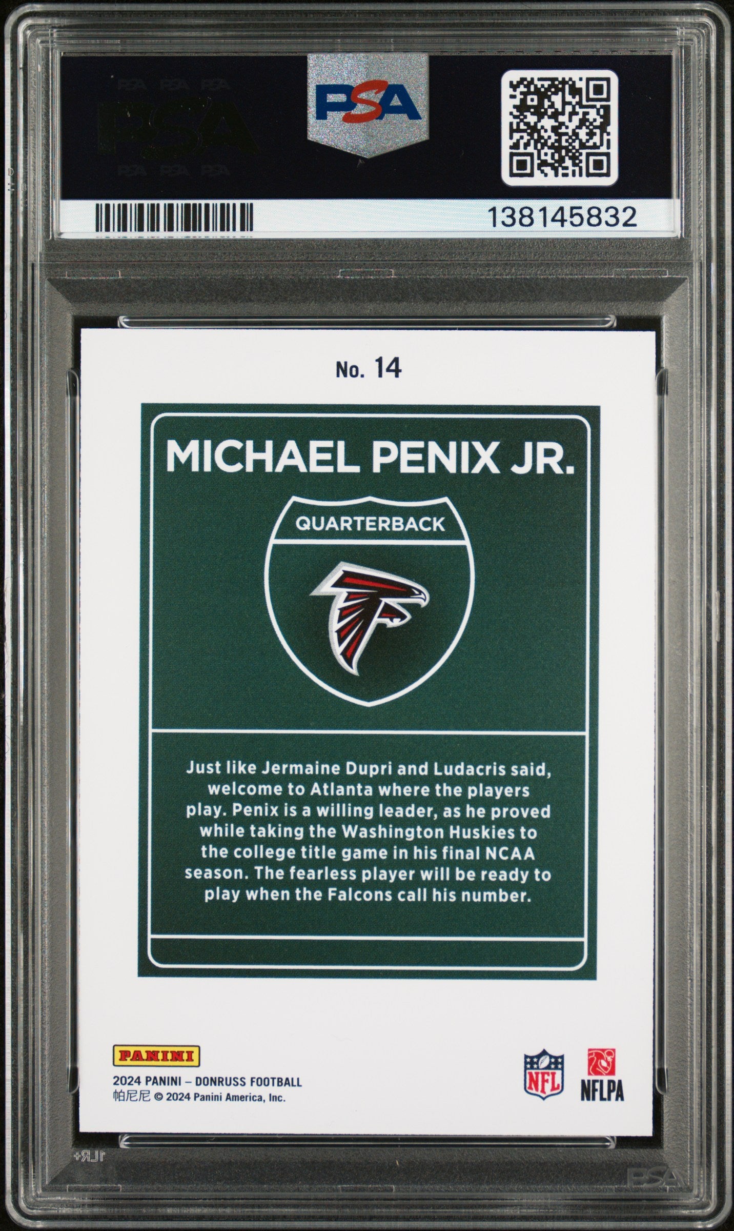 MICHAEL PENIX JR. 2024 Panini Donruss Downtown Rookie Case Hit SSP #14 PSA 9