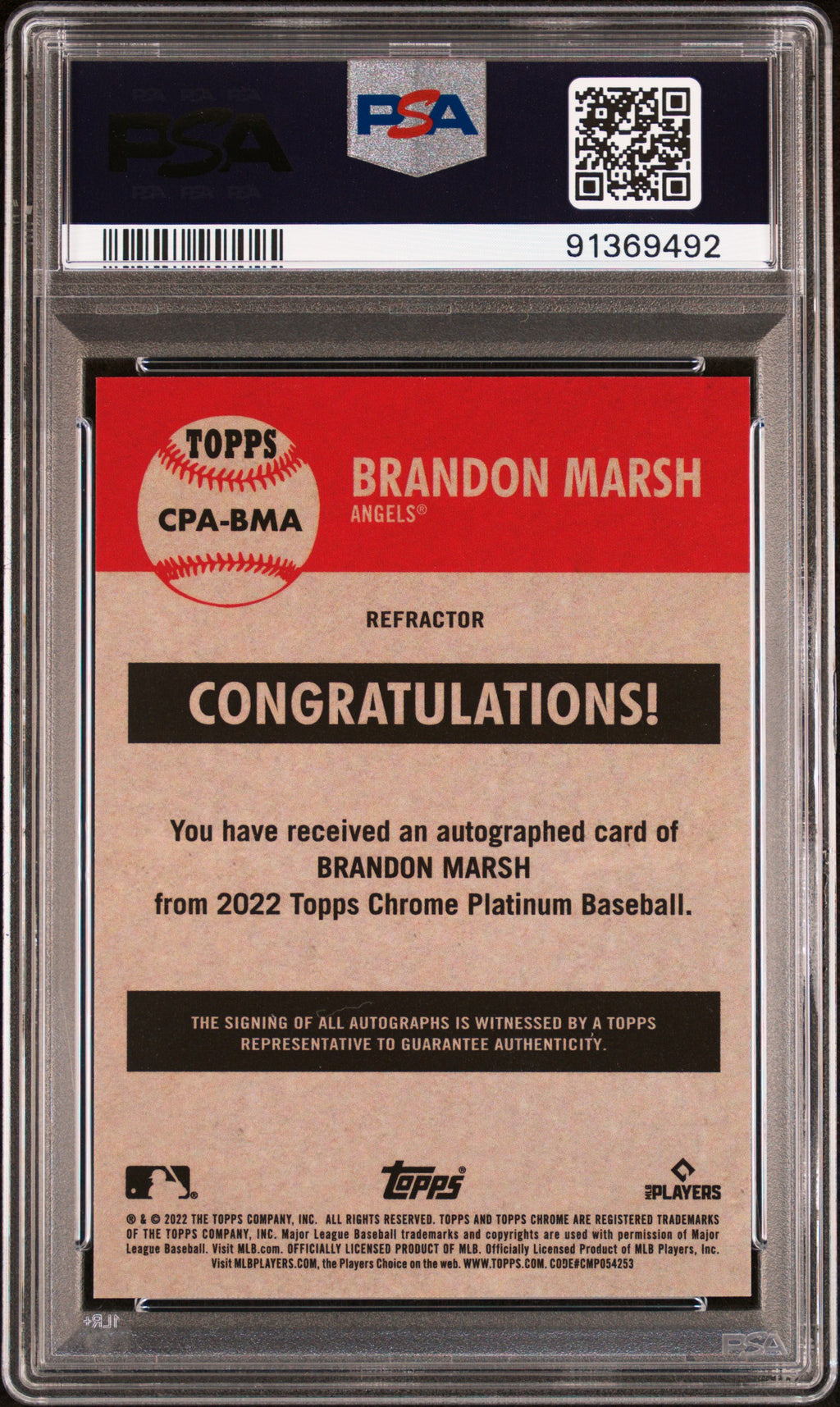 BRANDON MARSH 2022 Topps Chrome Platinum Anniversary Rookie Auto #BMA PSA 9