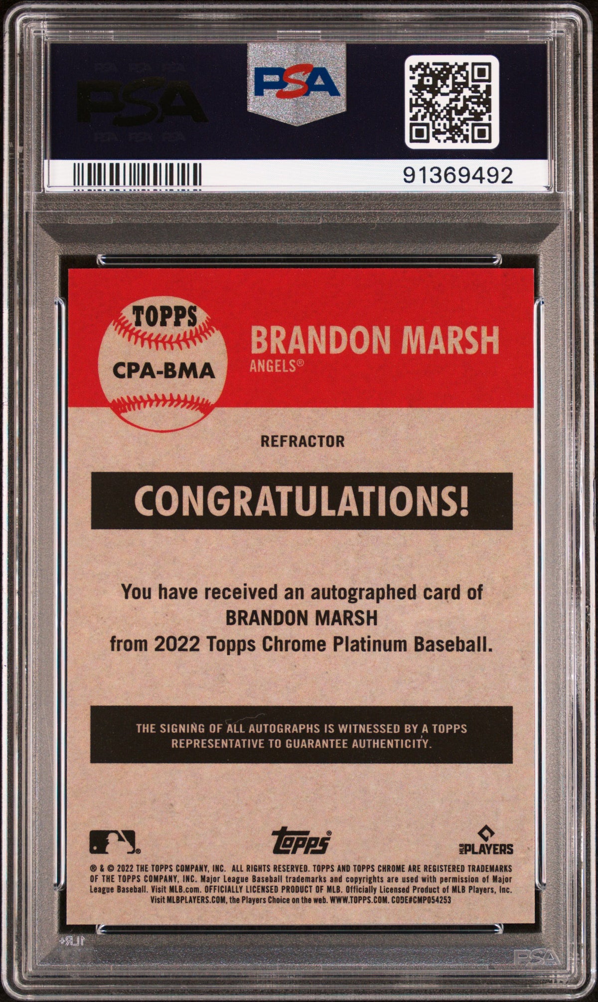 BRANDON MARSH 2022 Topps Chrome Platinum Anniversary Rookie Auto #BMA PSA 9