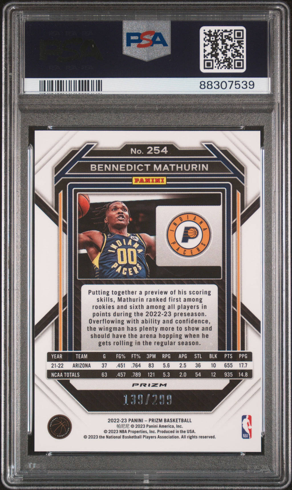BENNEDICT MATHURIN 2022-23 Panini Prizm Rookie Red Prizm /299 #254 PSA 10 Pacers