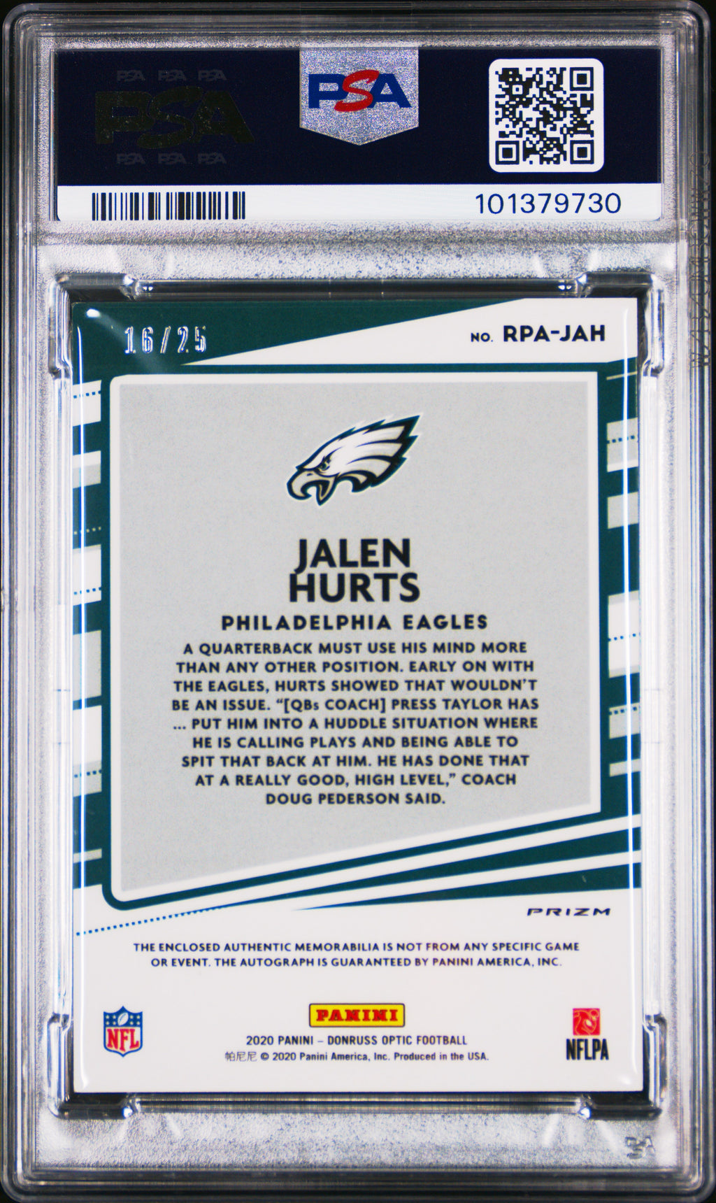 JALEN HURTS 2020 Panini Donruss Optic Rookie Patch Auto /25  #JAH PSA 9 Eagles