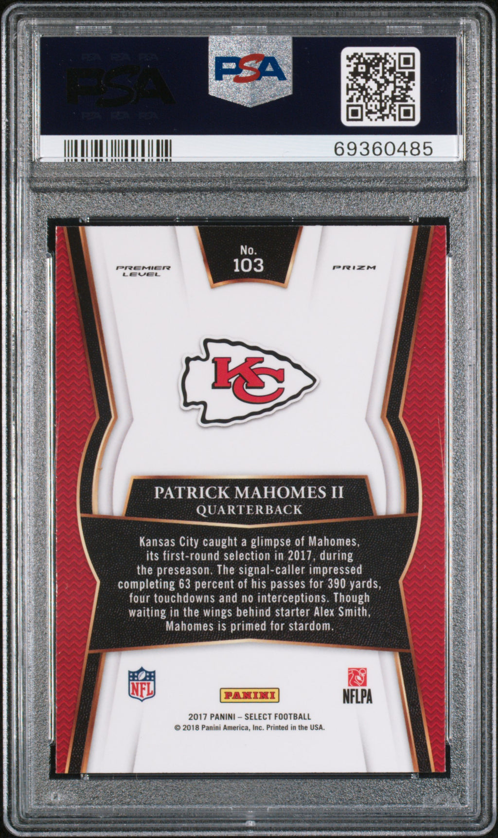 PATRICK MAHOMES II 2017 Panini Select Rookie #103 PSA 10 Chiefs