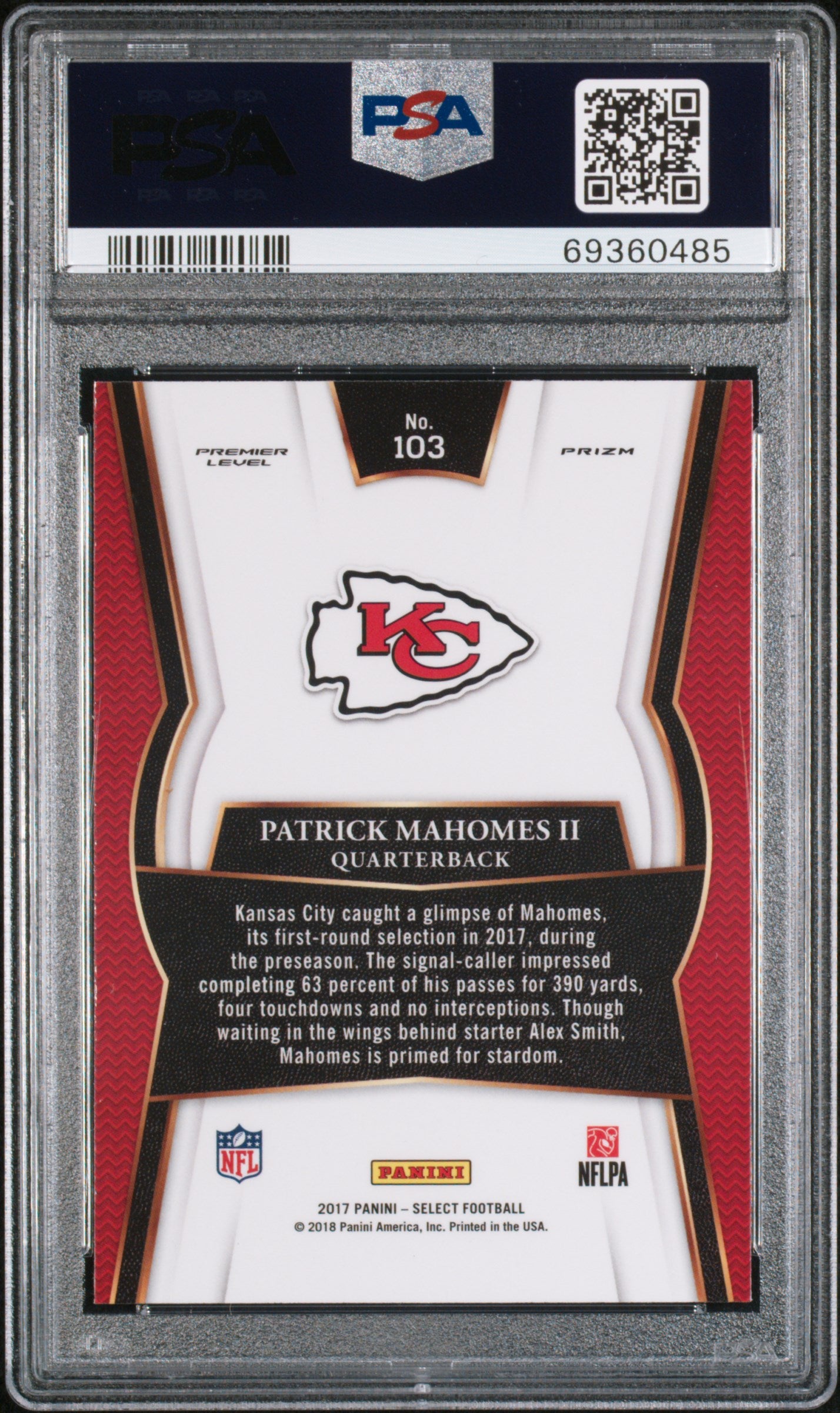 PATRICK MAHOMES II 2017 Panini Select Rookie #103 PSA 10 Chiefs