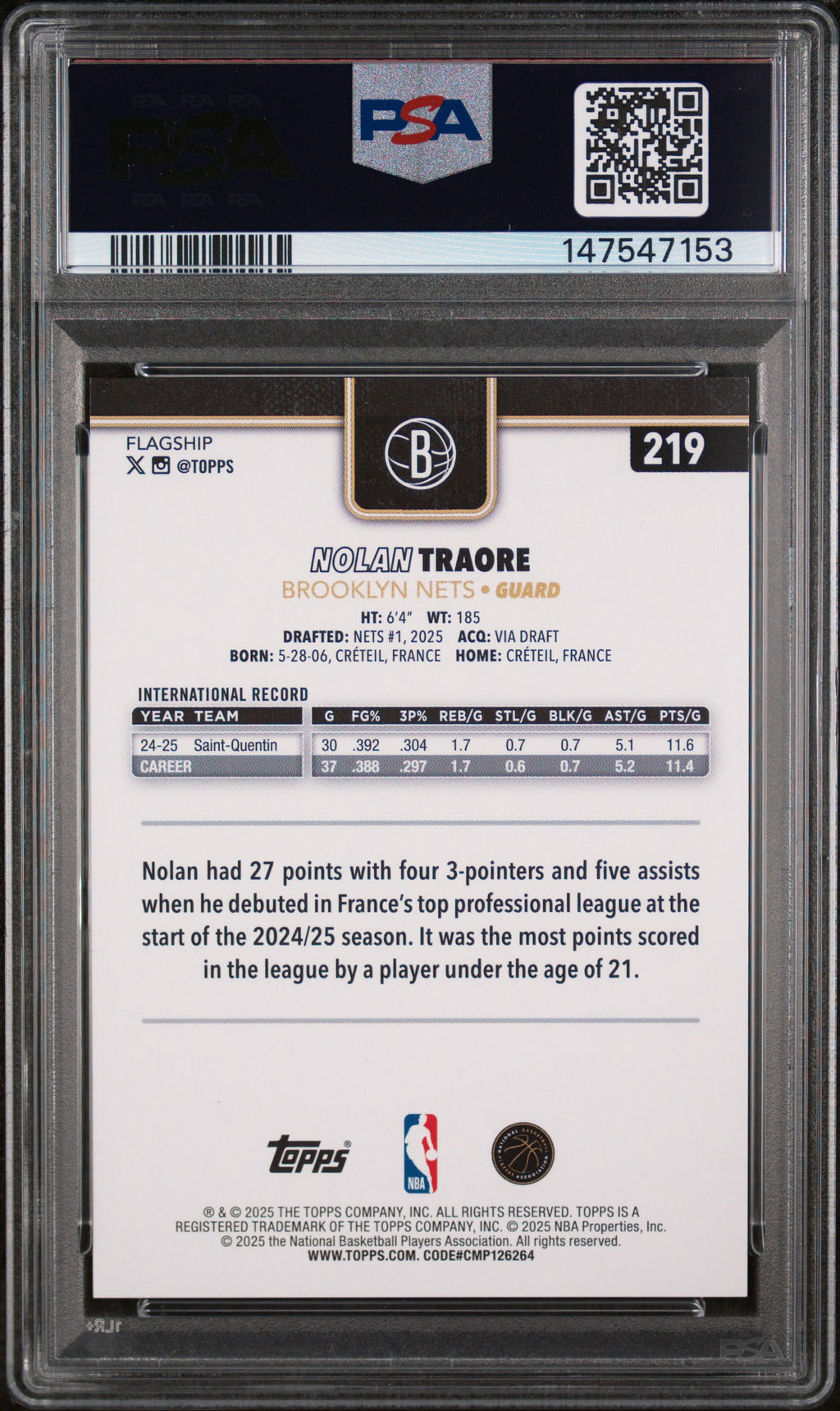 NOLAN TRAORE 2025-26 Topps Black Friday Rookie Cart Load /25 #219 PSA 9 Nets
