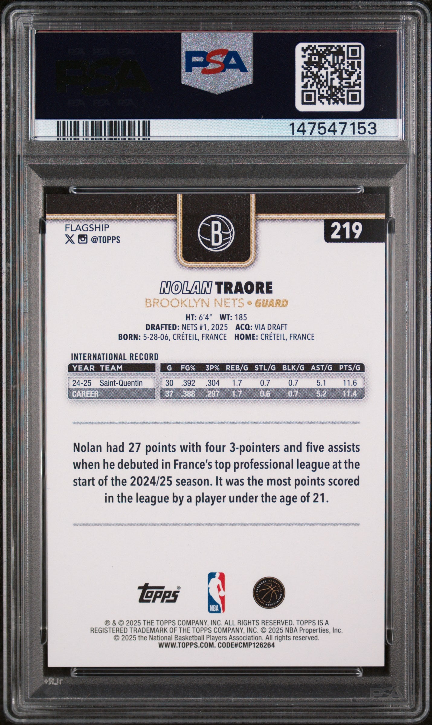 NOLAN TRAORE 2025-26 Topps Black Friday Rookie Cart Load /25 #219 PSA 9 Nets