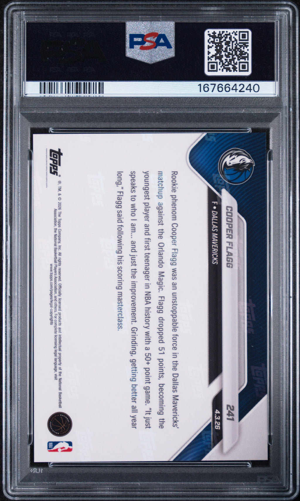 COOPER FLAGG 2025 Topps Now Rookie 50+ Points Record #241 PSA 10 Mavericks