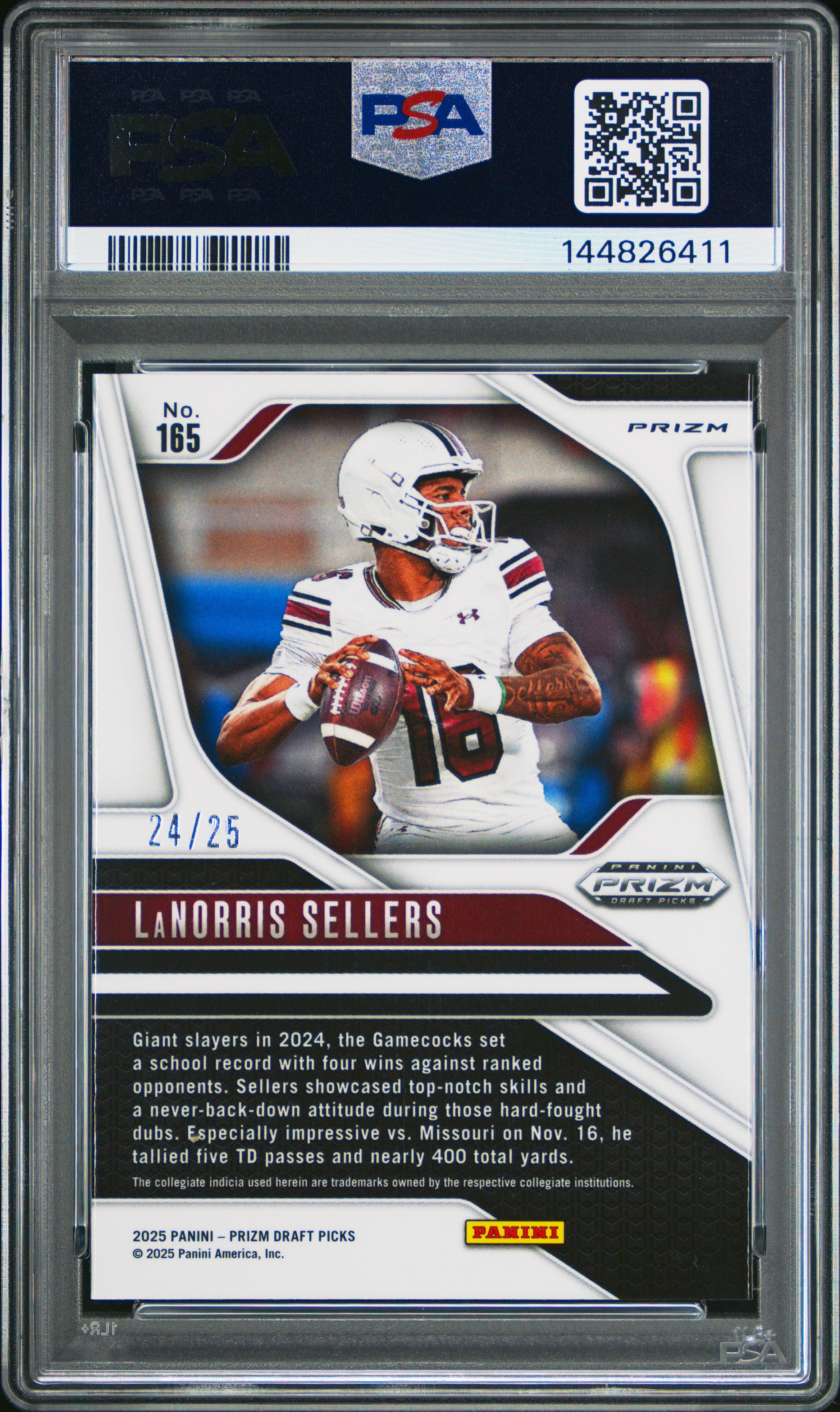 LANORRIS SELLERS 2025 Panini Prizm Draft Picks Mojo /25 #165 PSA 10 Gamecocks