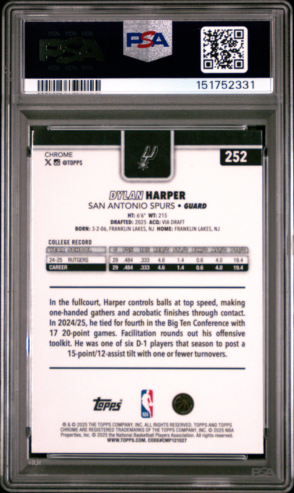 DYLAN HARPER 2025-26 Topps Chrome Rookie Skylight Refractor #252 PSA 9 Spurs
