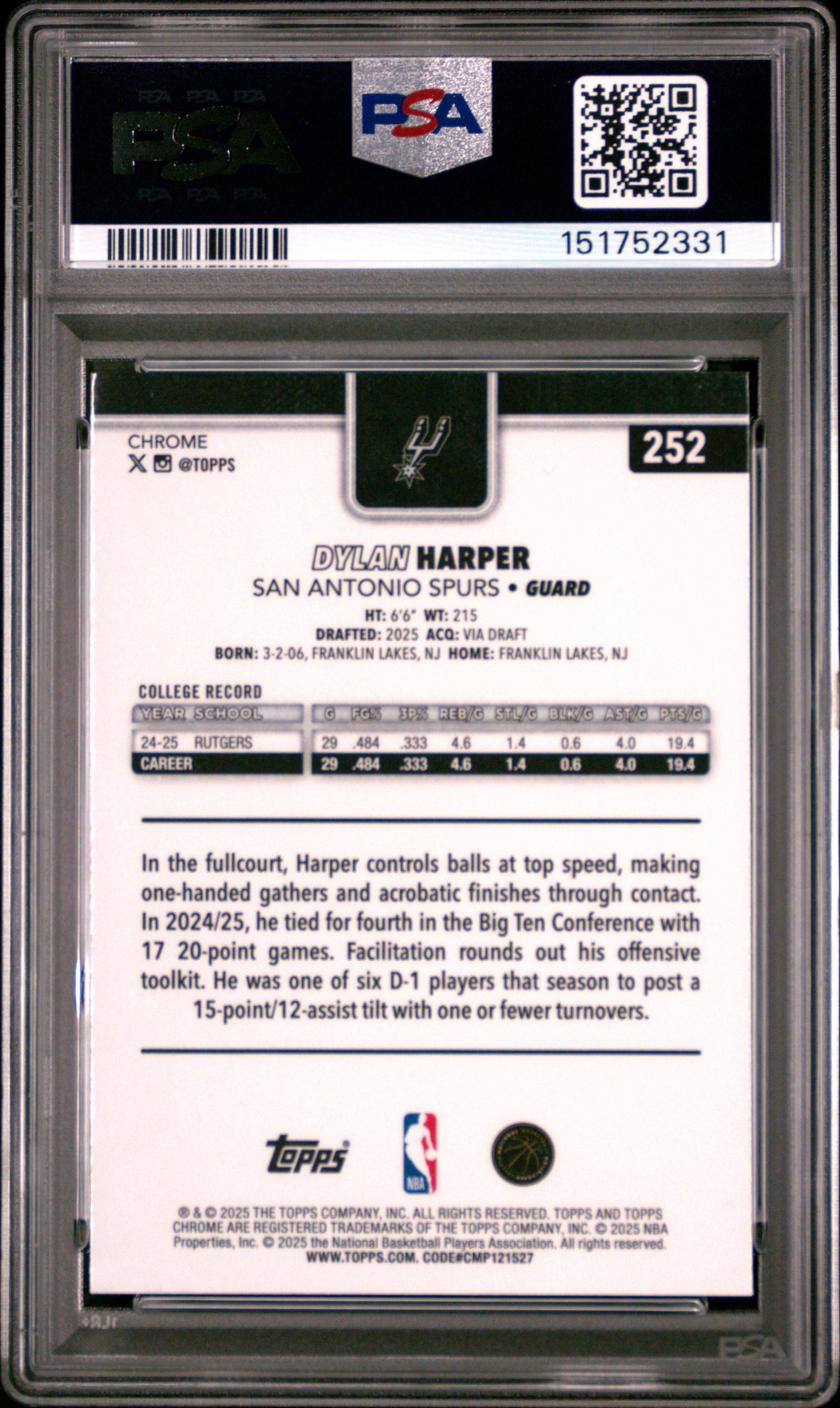 DYLAN HARPER 2025-26 Topps Chrome Rookie Skylight Refractor #252 PSA 9 Spurs