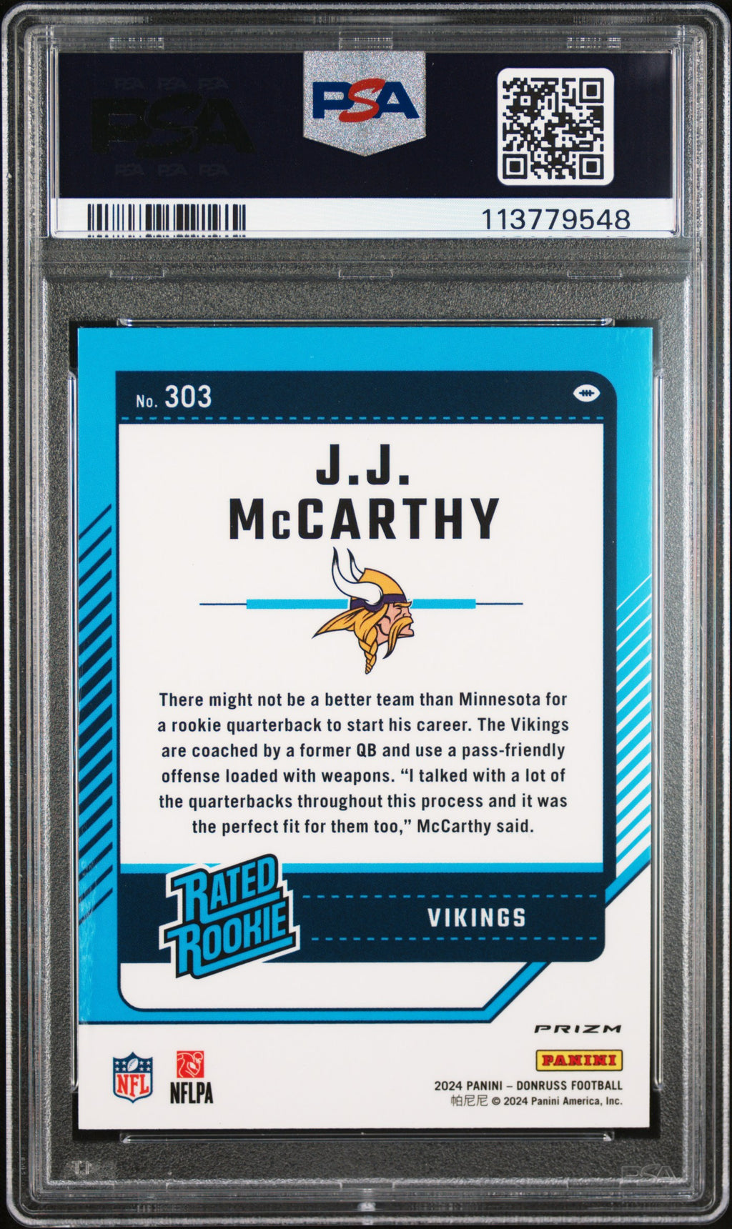 JJ MCCARTHY 2024 Panini Donruss Optic Rated Rookie Pink #303 PSA 10 Vikings