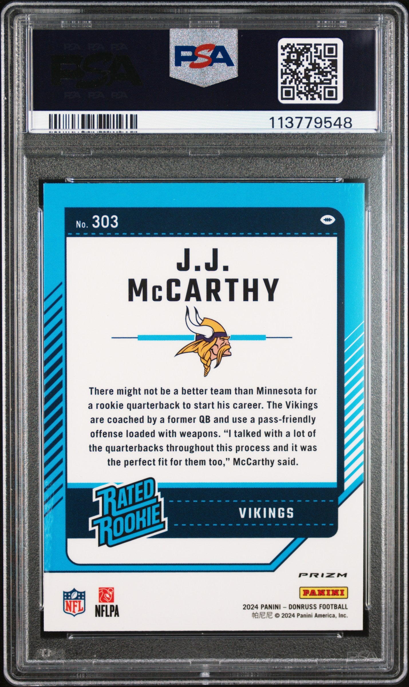 JJ MCCARTHY 2024 Panini Donruss Optic Rated Rookie Pink #303 PSA 10 Vikings