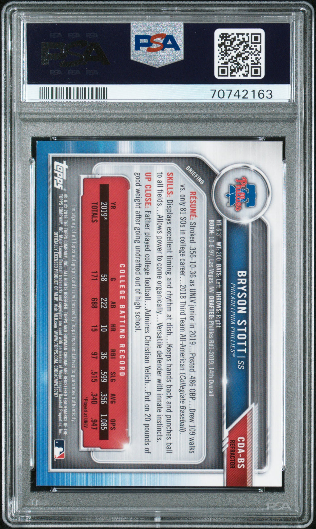BRYSON STOTT 2019 Bowman Draft Chrome 1st Refractor Auto /499 #CDABS PSA 9