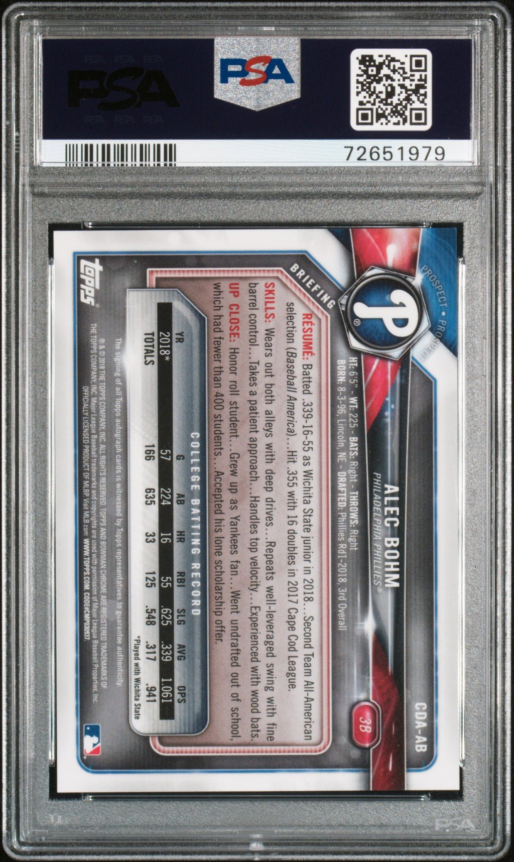 ALEC BOHM 2018 Bowman Draft Chrome 1st Prospect Auto #CDAAB PSA 9 Phillies