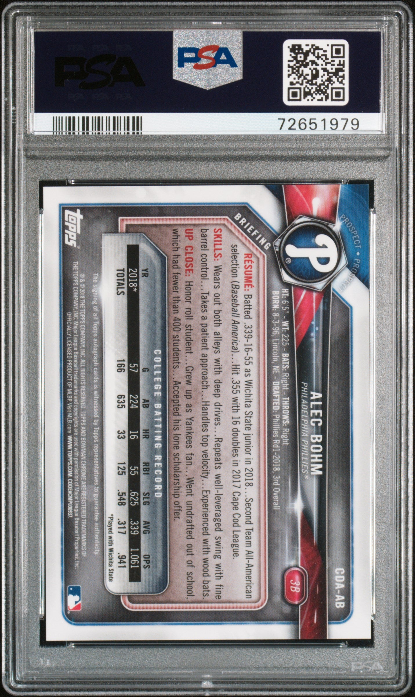 ALEC BOHM 2018 Bowman Draft Chrome 1st Prospect Auto #CDAAB PSA 9 Phillies