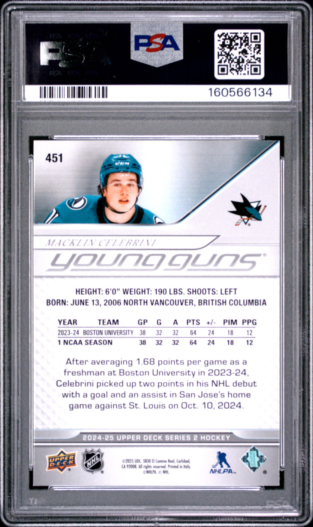 MACKLIN CELEBRINI 2024-25 Upper Deck Series 2 Young Guns Rookie #451 PSA 9