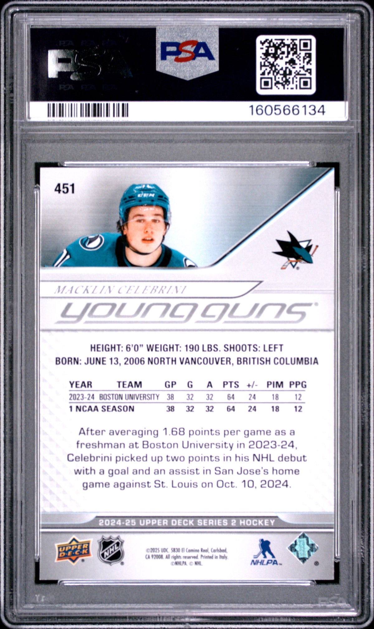 MACKLIN CELEBRINI 2024-25 Upper Deck Series 2 Young Guns Rookie #451 PSA 9