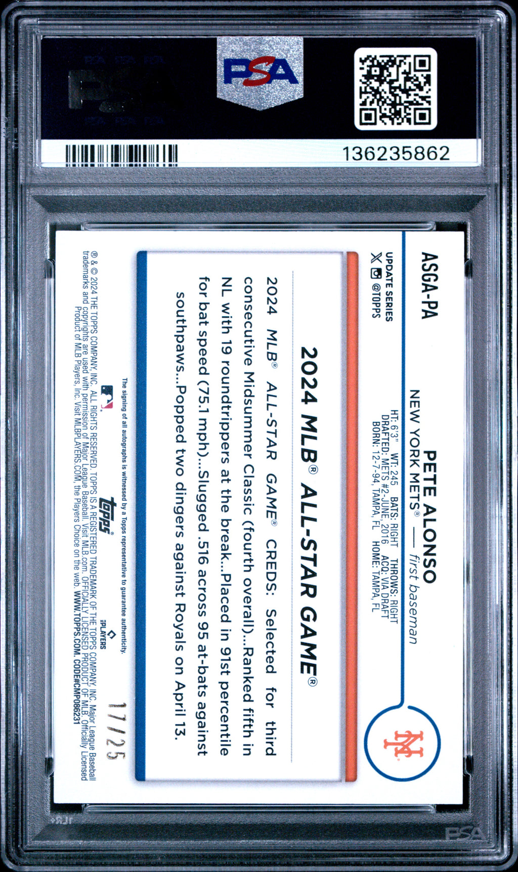 PETE ALONSO 2024 Topps Update All-Star Game Red Auto /25 #PA PSA 8 Mets