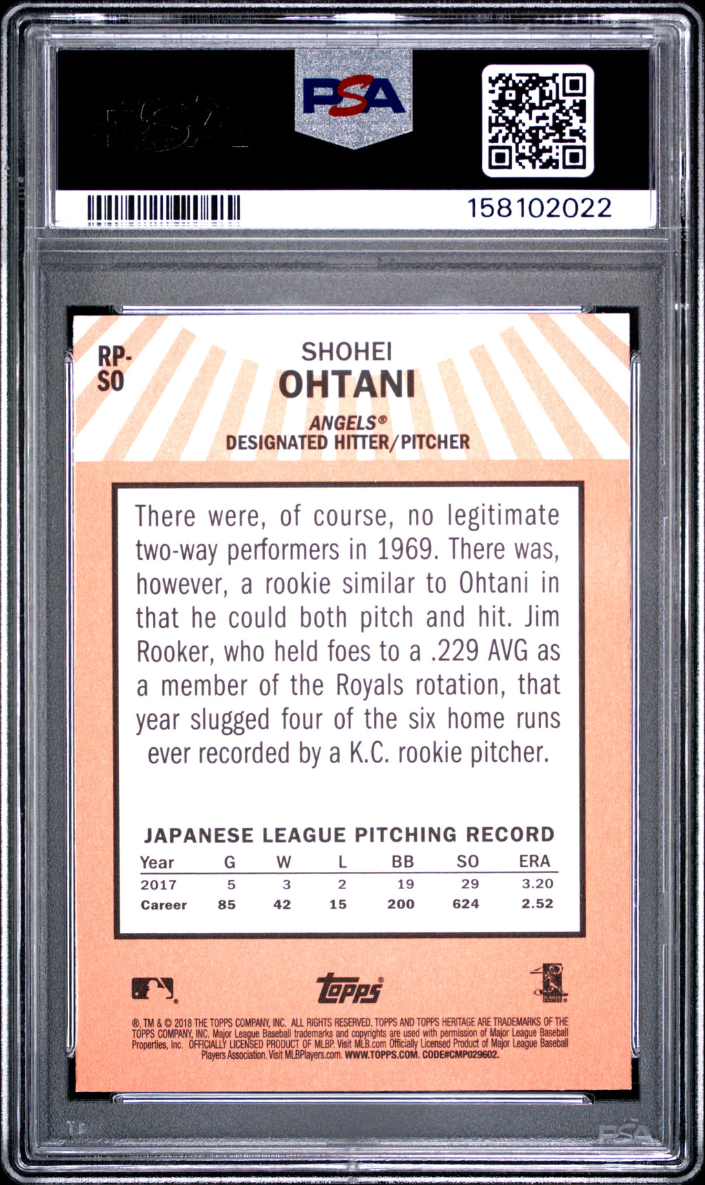 SHOHEI OHTANI 2018 Topps Heritage Rookie Performers #RP-SO PSA 9 Angels