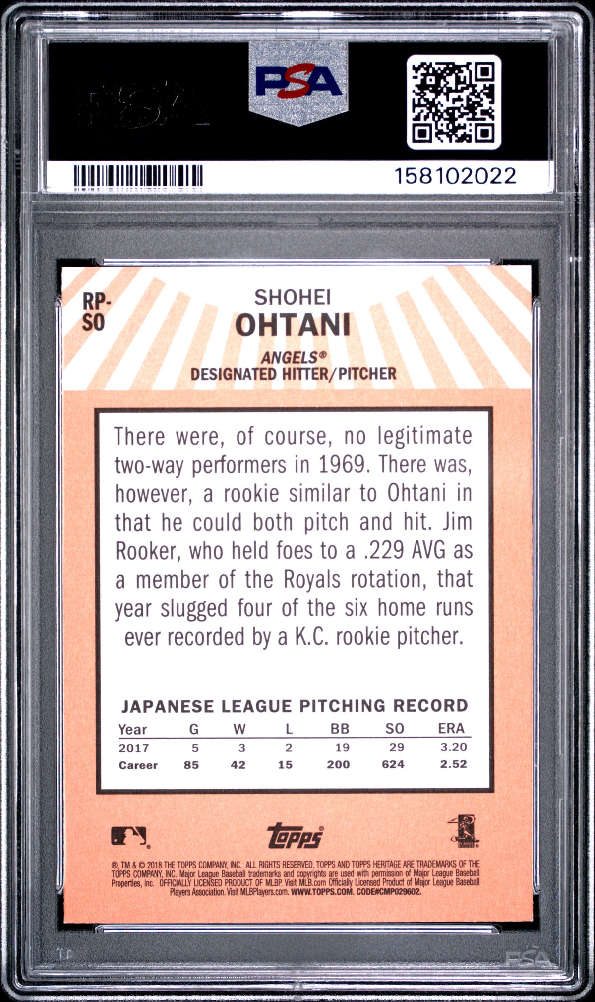 SHOHEI OHTANI 2018 Topps Heritage Rookie Performers #RP-SO PSA 9 Angels