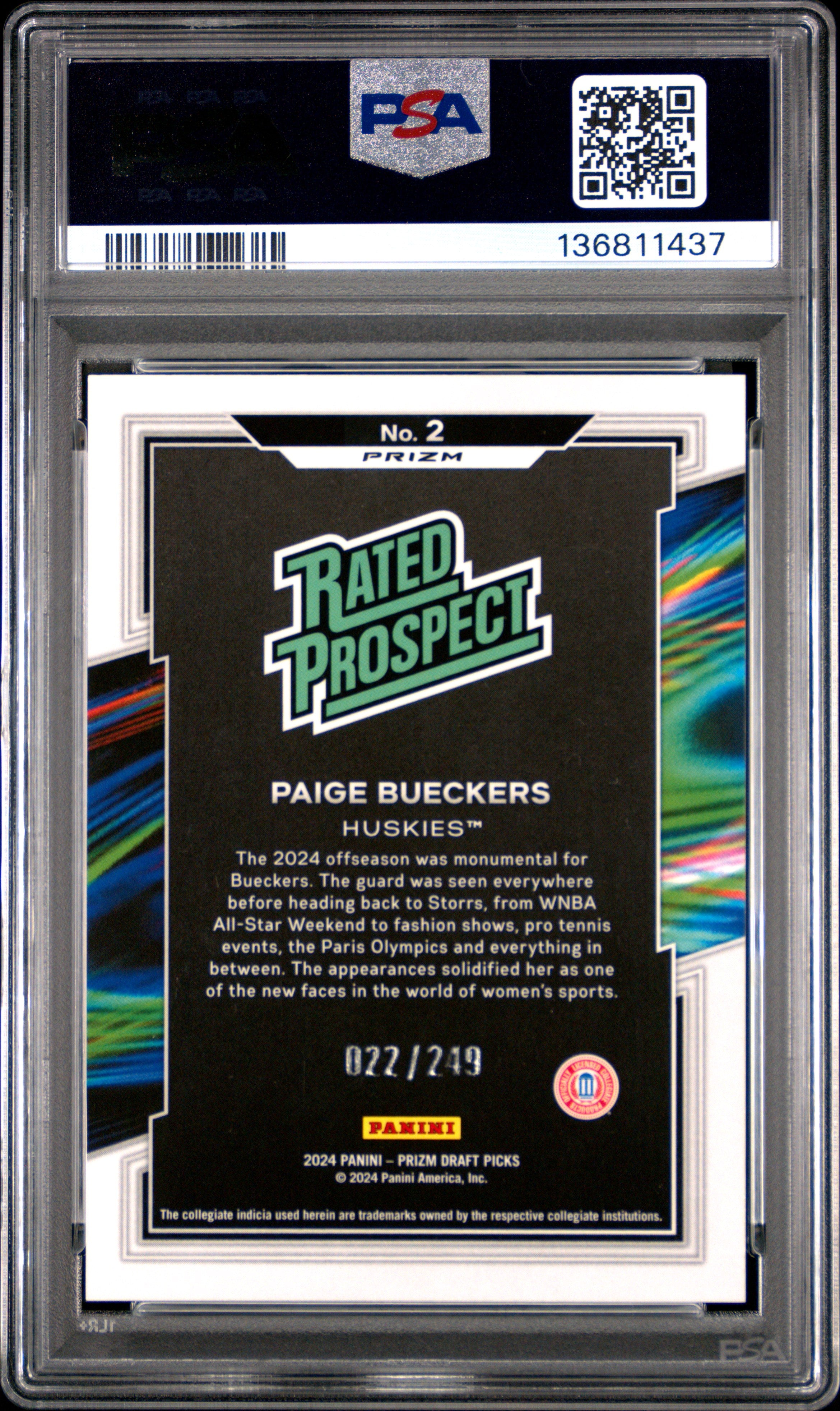 PAIGE BUECKERS 2024 Panini Prizm Draft Picks Rated Prospect Blue Wave #2 PSA 10
