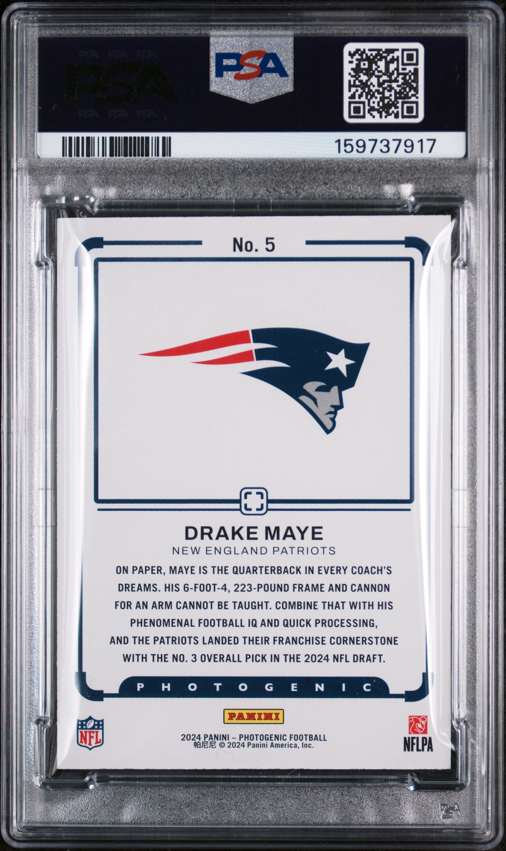 DRAKE MAYE 2024 Panini Photogenic Rookie Draft Snapshots Blue /99 #5 PSA 9
