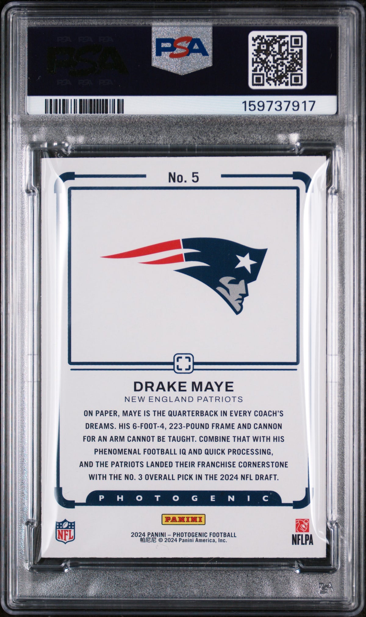 DRAKE MAYE 2024 Panini Photogenic Rookie Draft Snapshots Blue /99 #5 PSA 9