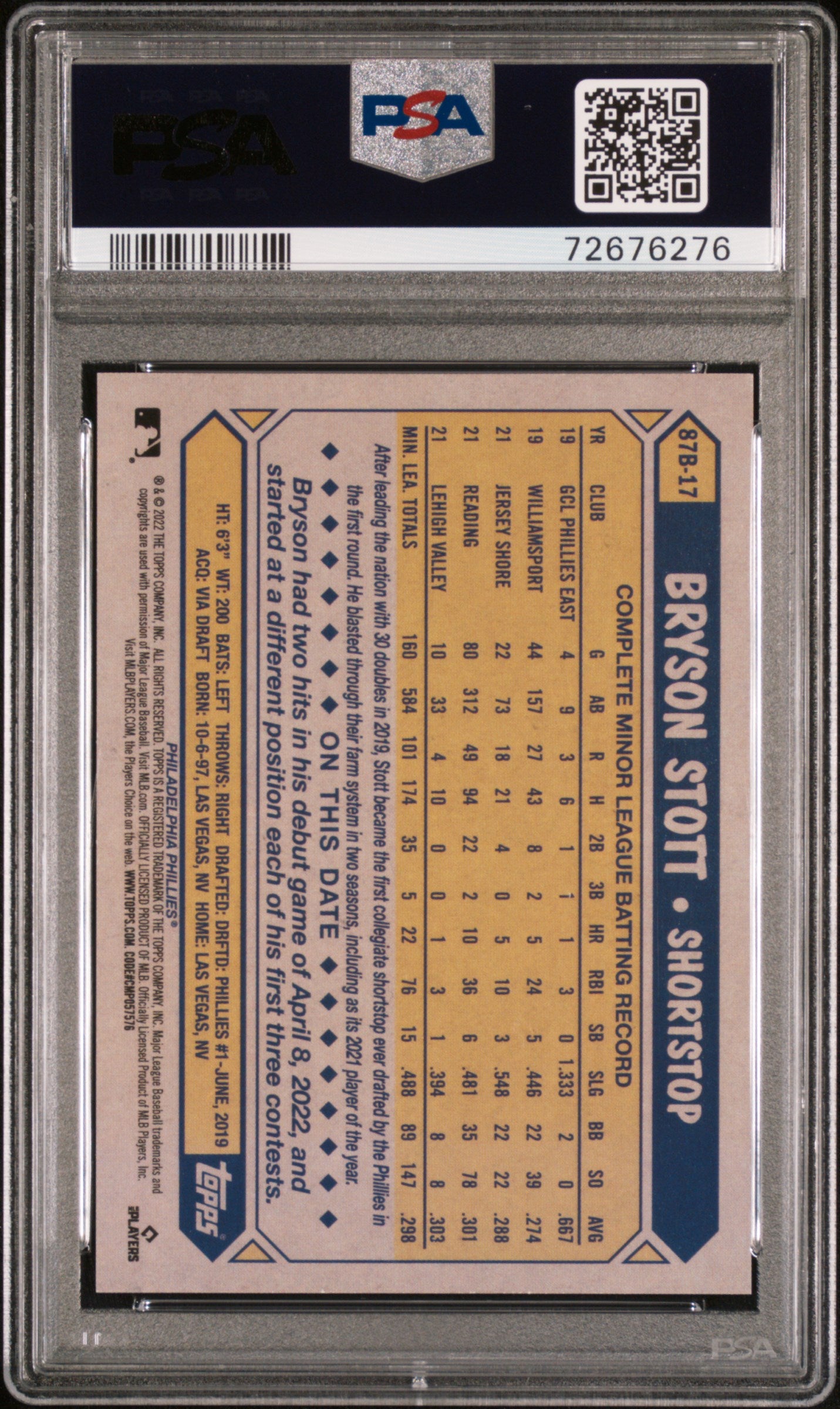 BRYSON STOTT 2022 Topps Japan Edition Cherry Tree Variation Rookie #17 PSA 9