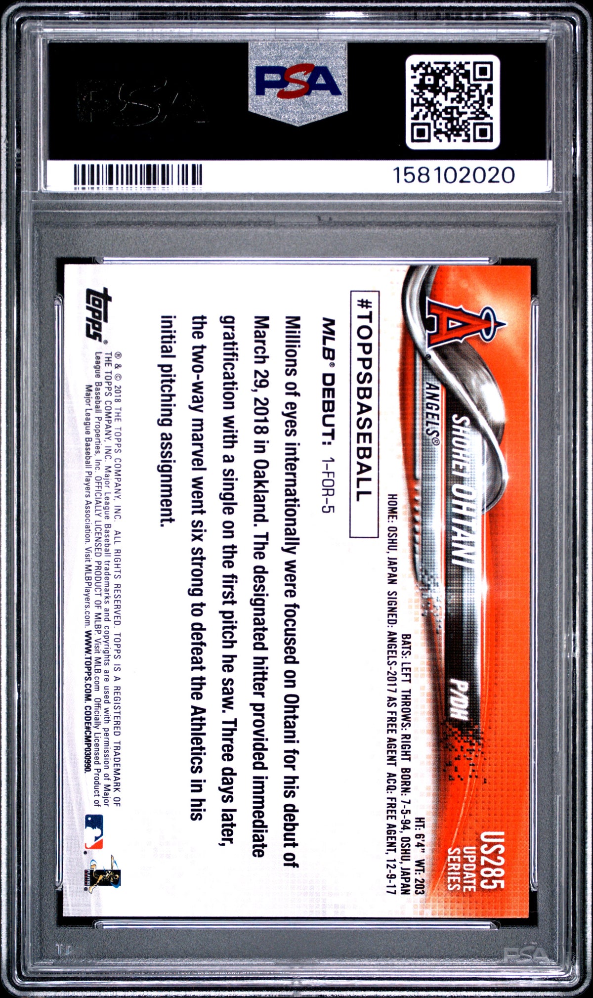 SHOHEI OHTANI 2018 Topps Update Rookie Batting #US285 PSA 10 Angels