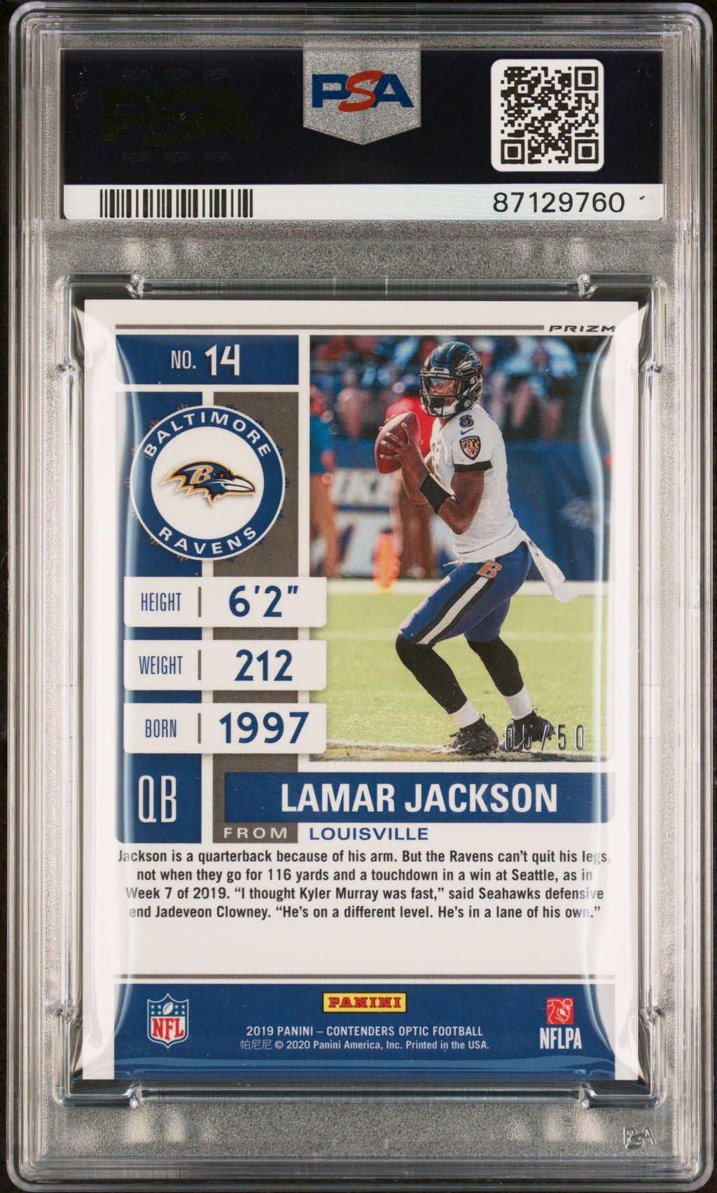LAMAR JACKSON 2019 Panini Contenders Optic Orange Prizm /50 #14 PSA 10 Ravens