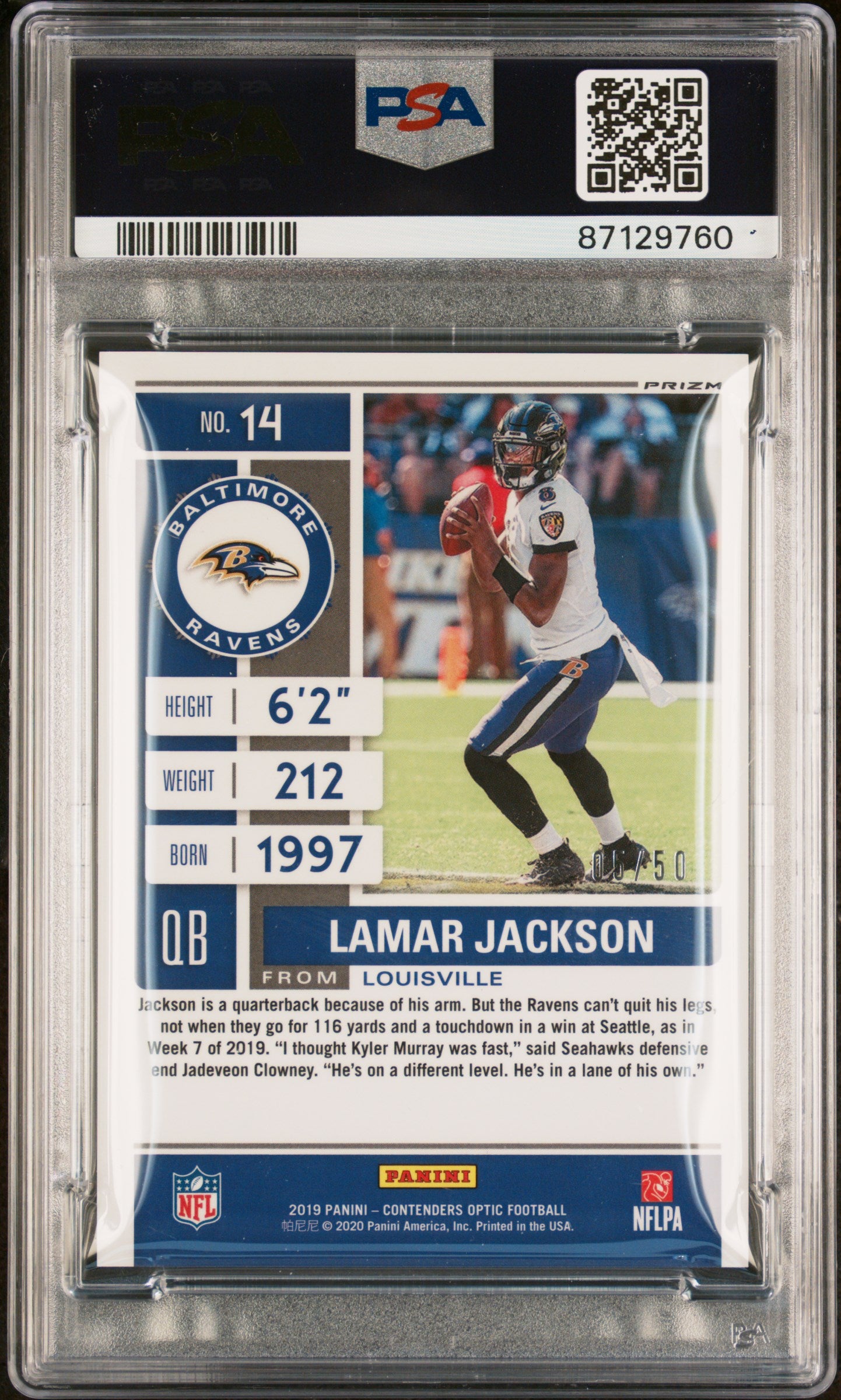 LAMAR JACKSON 2019 Panini Contenders Optic Orange Prizm /50 #14 PSA 10 Ravens