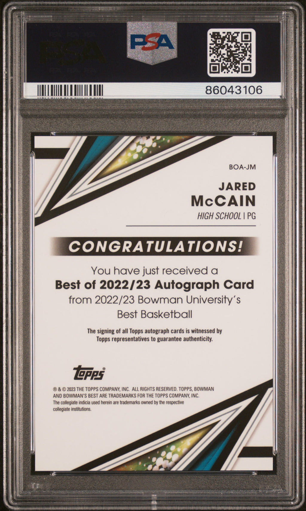 JARED MCCAIN 2022-23 Bowman University Best Of 2022 Auto #BOAJM PSA 10