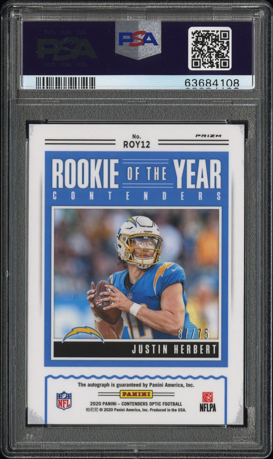 JUSTIN HERBERT 2020 Contenders Optic Rookie Year Auto Blue /75 #ROY12 PSA 10