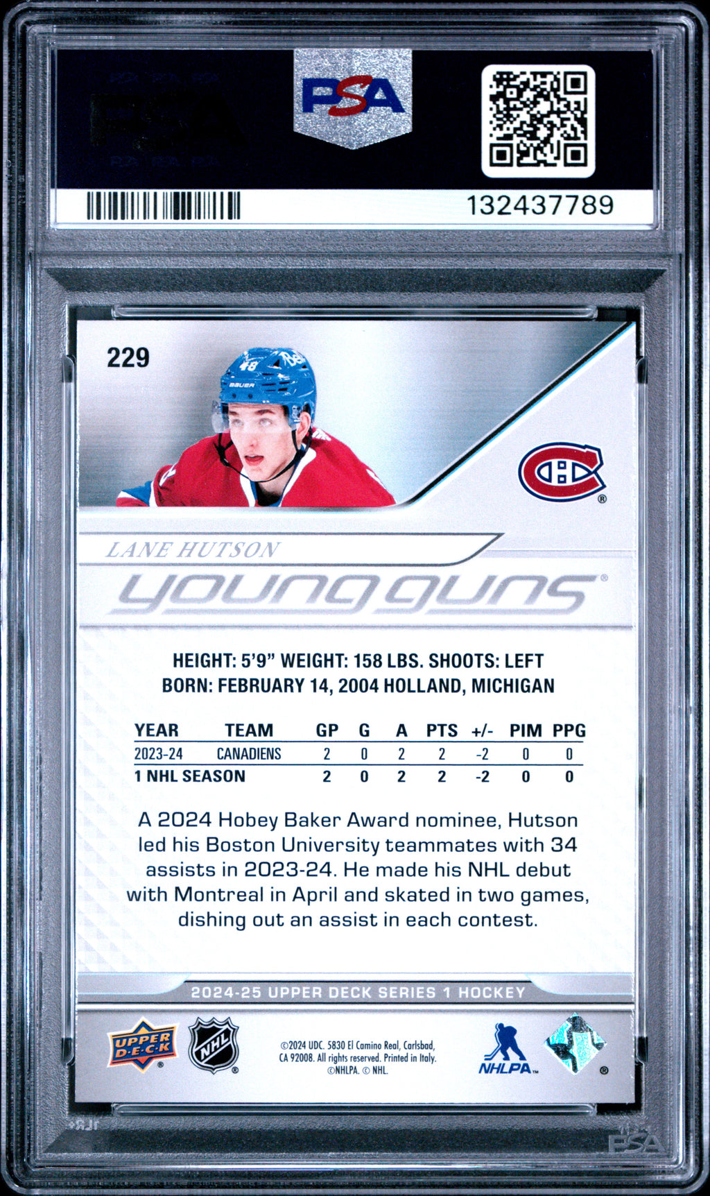LANE HUTSON 2024-25 Upper Deck Series 2 Young Guns #229 PSA 9 Canadiens