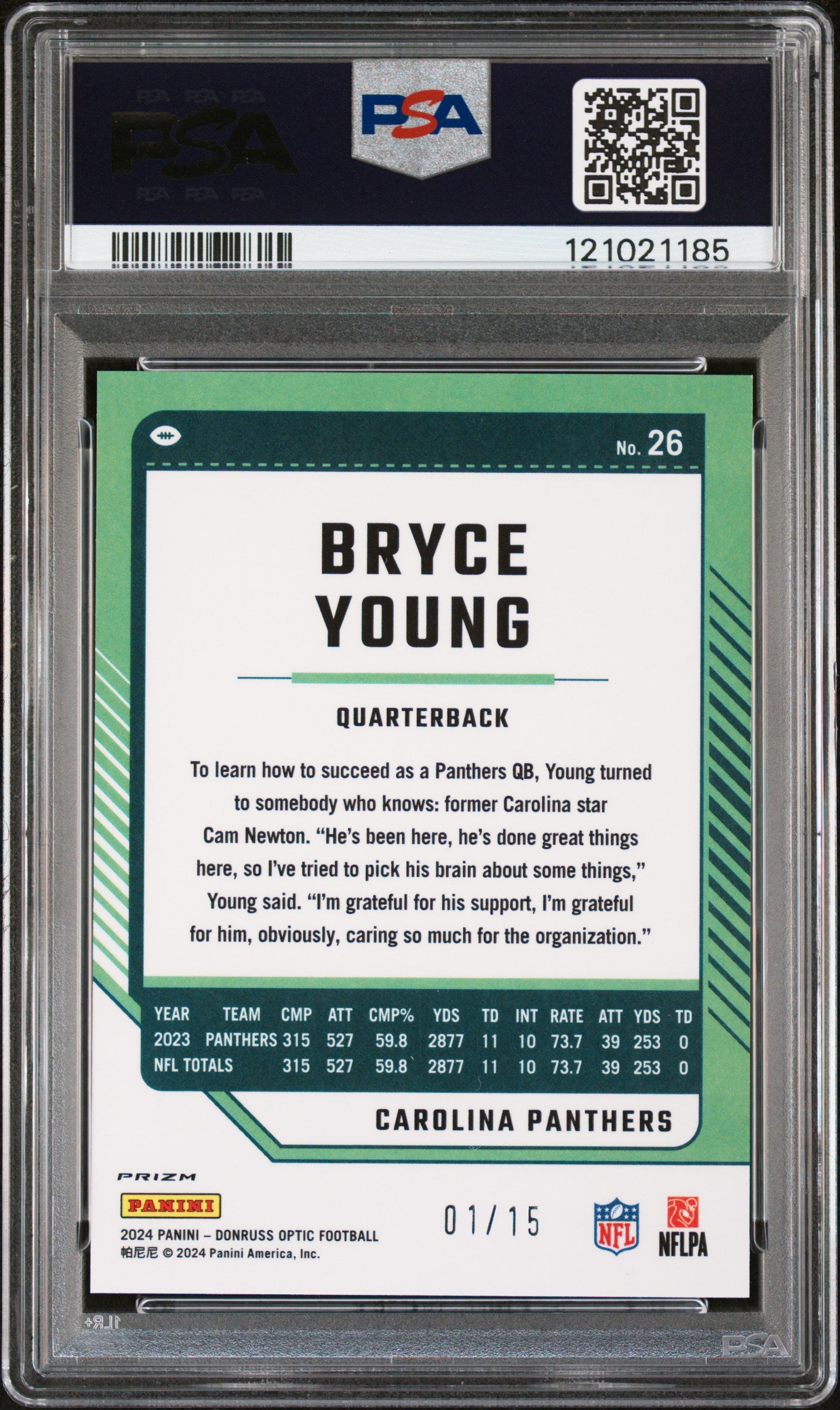 BRYCE YOUNG 2024 Panini Donruss Optic Purple Stars FOTL /15 #26 PSA 9 Panthers