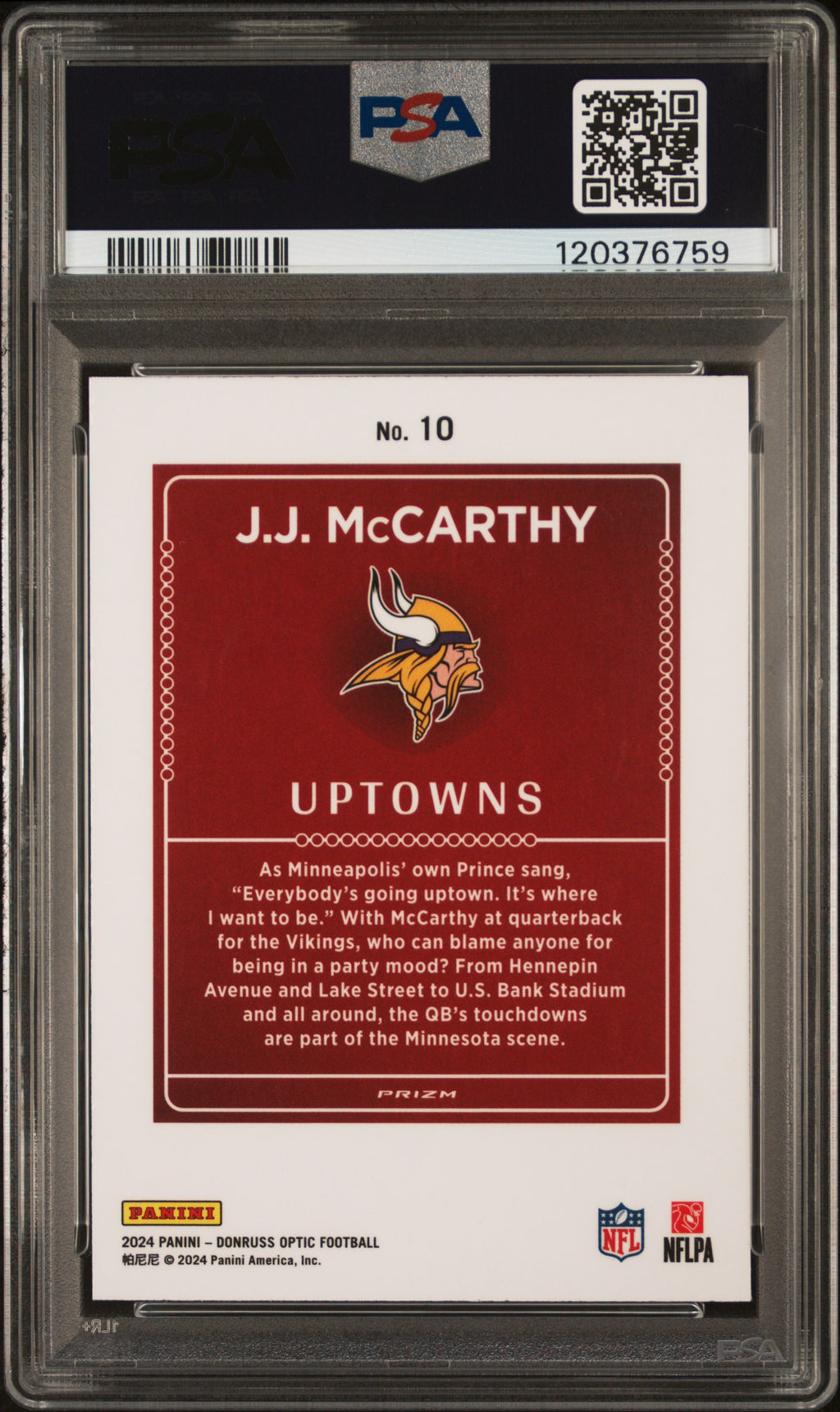 J.J. MCCARTHY 2024 Panini Donruss Optic Uptowns Rookie SSP #10 PSA 9 Vikings