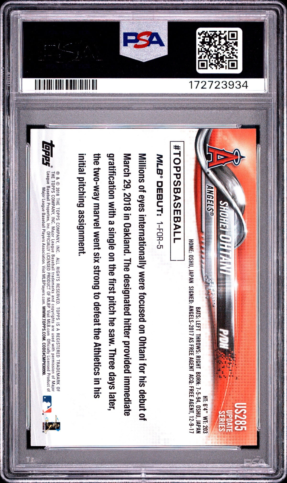 SHOHEI OHTANI 2018 Topps Update Rookie Debut #US285 PSA 9 Angels