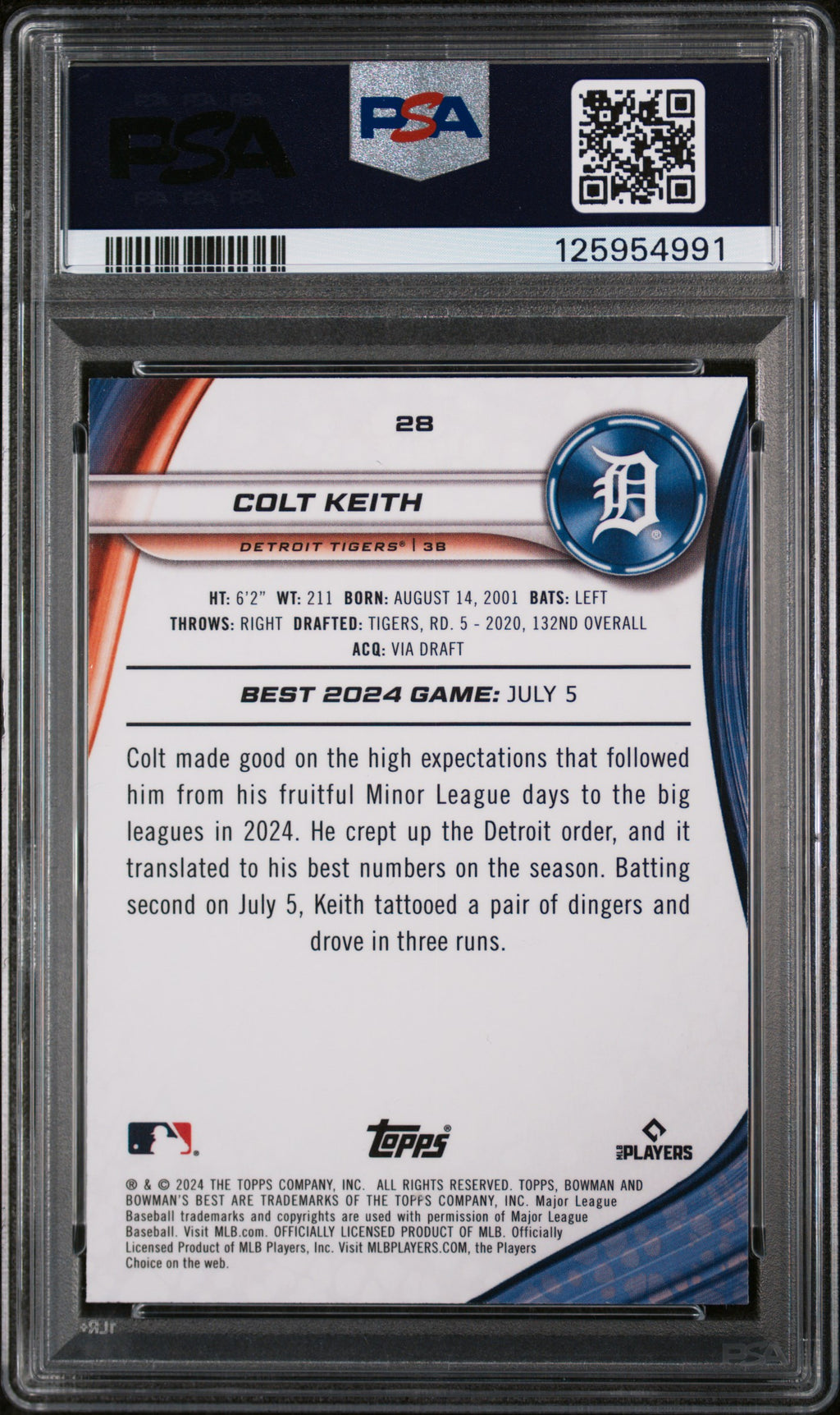 COLT KEITH 2024 Bowman's Best Rookie Purple Mojo Refractor /250 #28 PSA 10