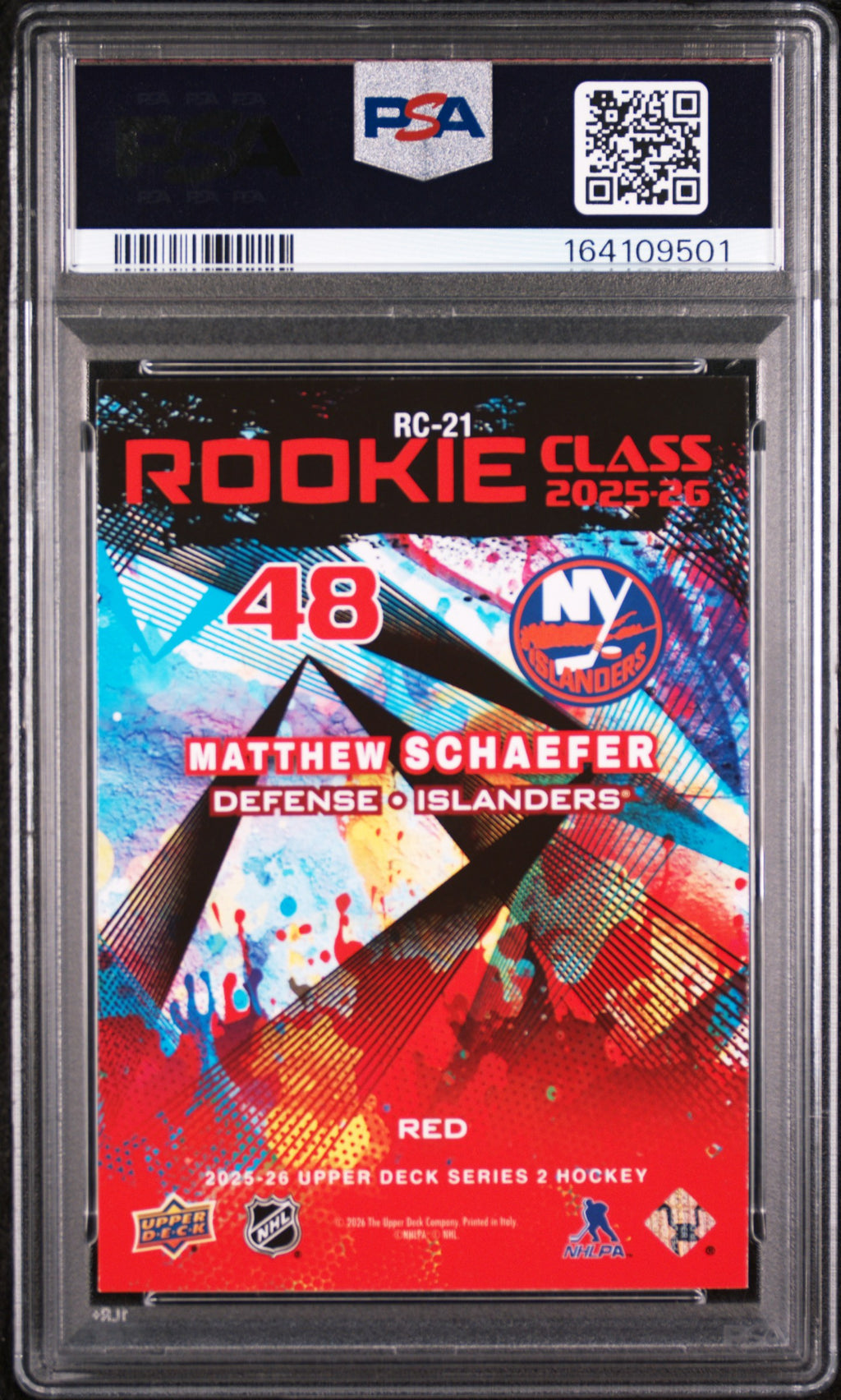 MATTHEW SCHAEFER 2025-26 Upper Deck Series 2 Rookie Class Red #RC-21 PSA 9