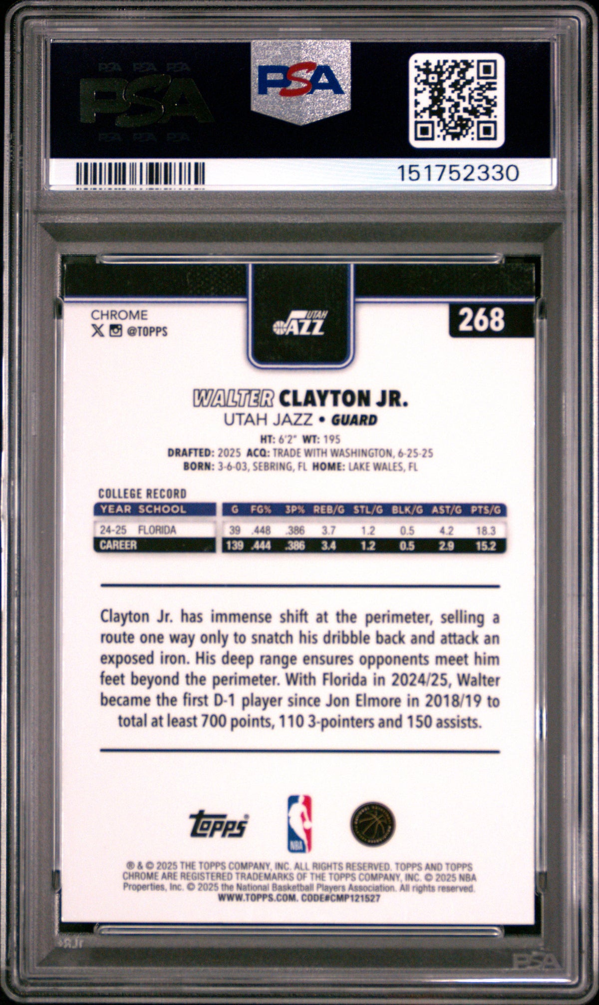 WALTER CLAYTON JR. 2025-26 Topps Chrome Rookie Purple Raywave /75 #268 PSA 8