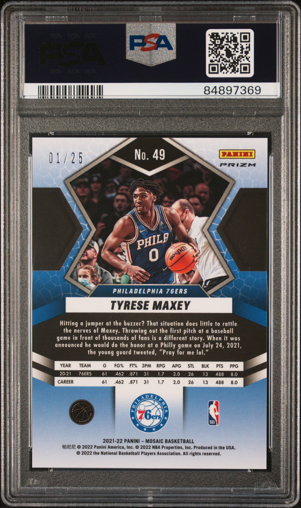 TYRESE MAXEY 2021-22 Panini Mosaic White Prizm /25 #49 PSA 8 76ers