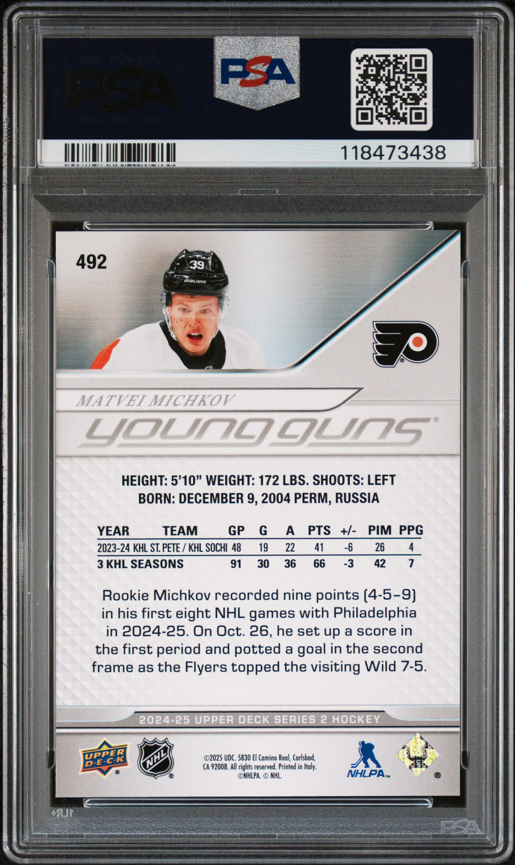 MATVEI MICHKOV 2024-25 Upper Deck Series 2 Young Guns #492 PSA 10 Flyers