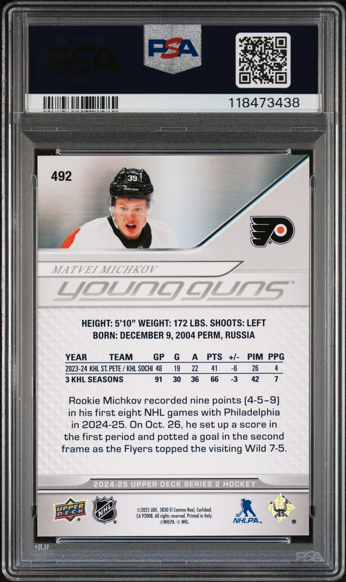 MATVEI MICHKOV 2024-25 Upper Deck Series 2 Young Guns #492 PSA 10 Flyers