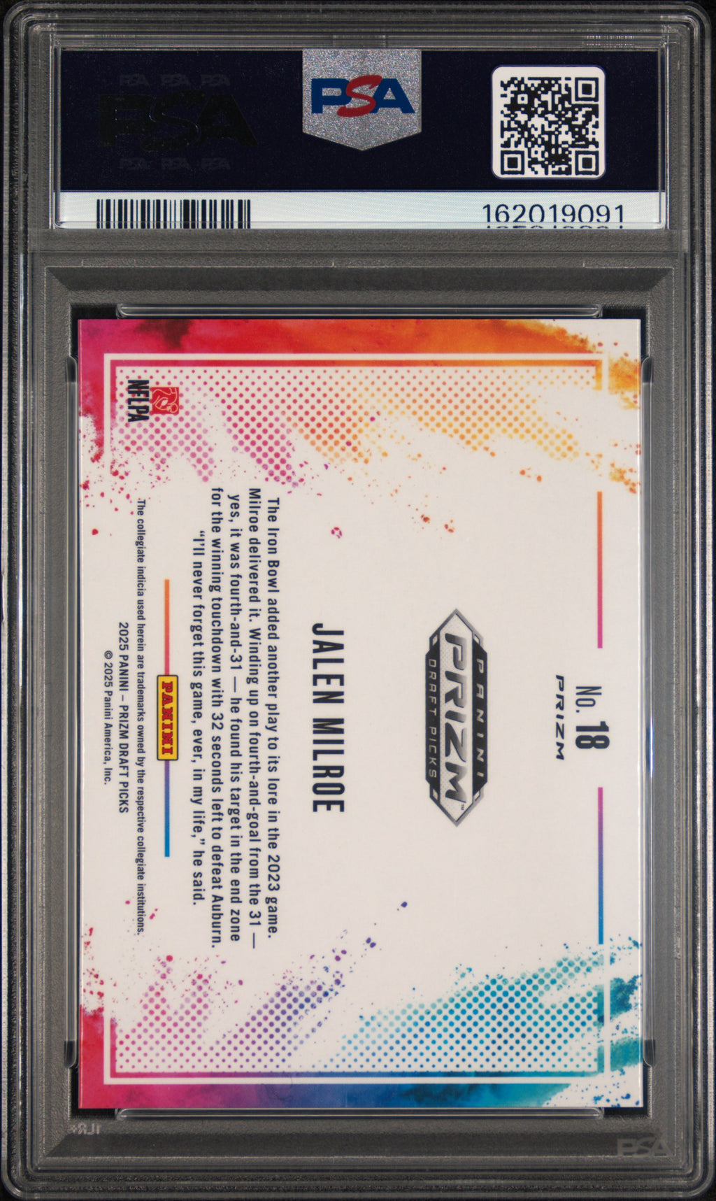 JALEN MILROE 2025 Panini Prizm Draft Picks Black Color Blast SSP #18 PSA 10