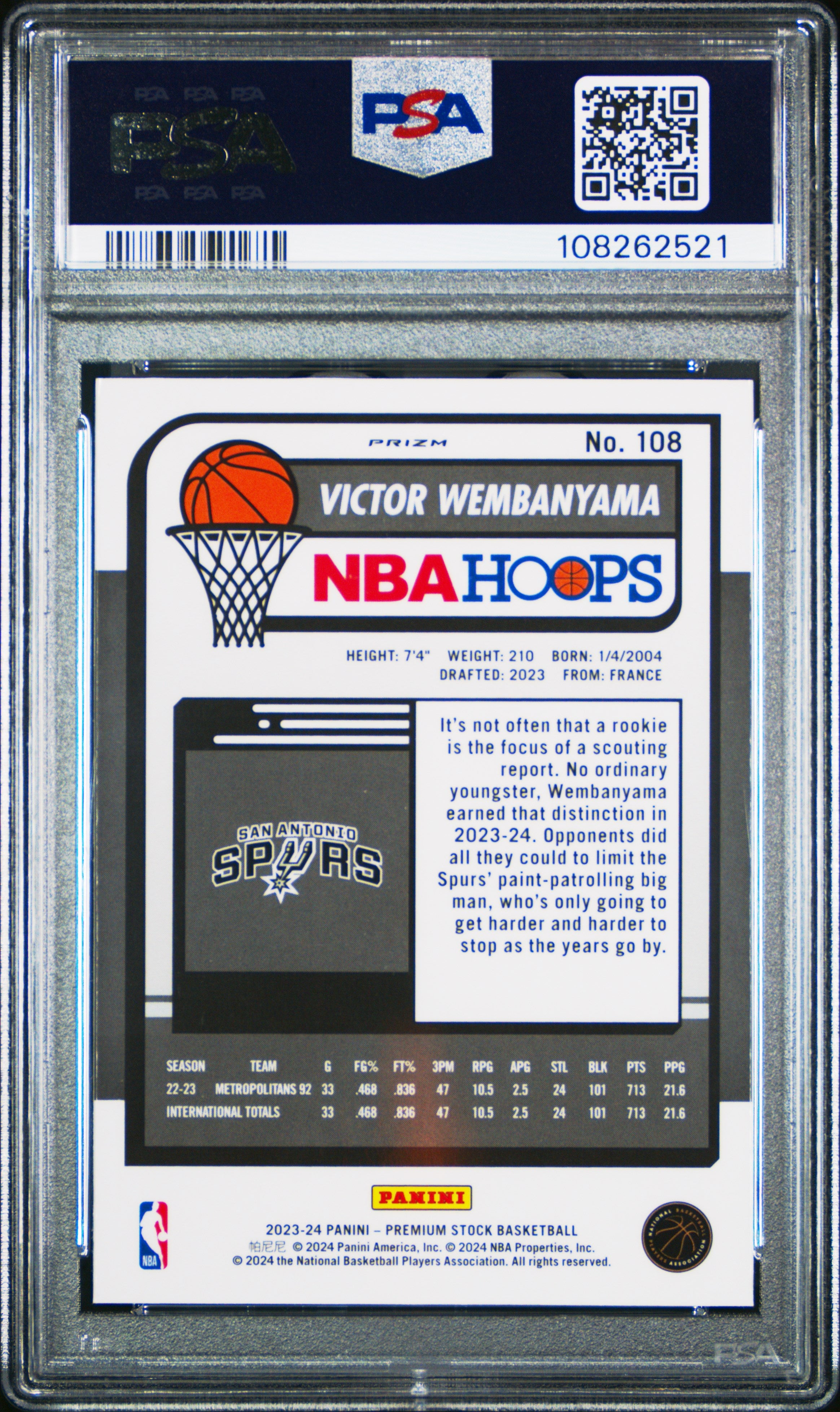 VICTOR WEMBANYAMA 2023-24 Panini Hoops Premium Ice Prizm Rookie PSA 10 Spurs