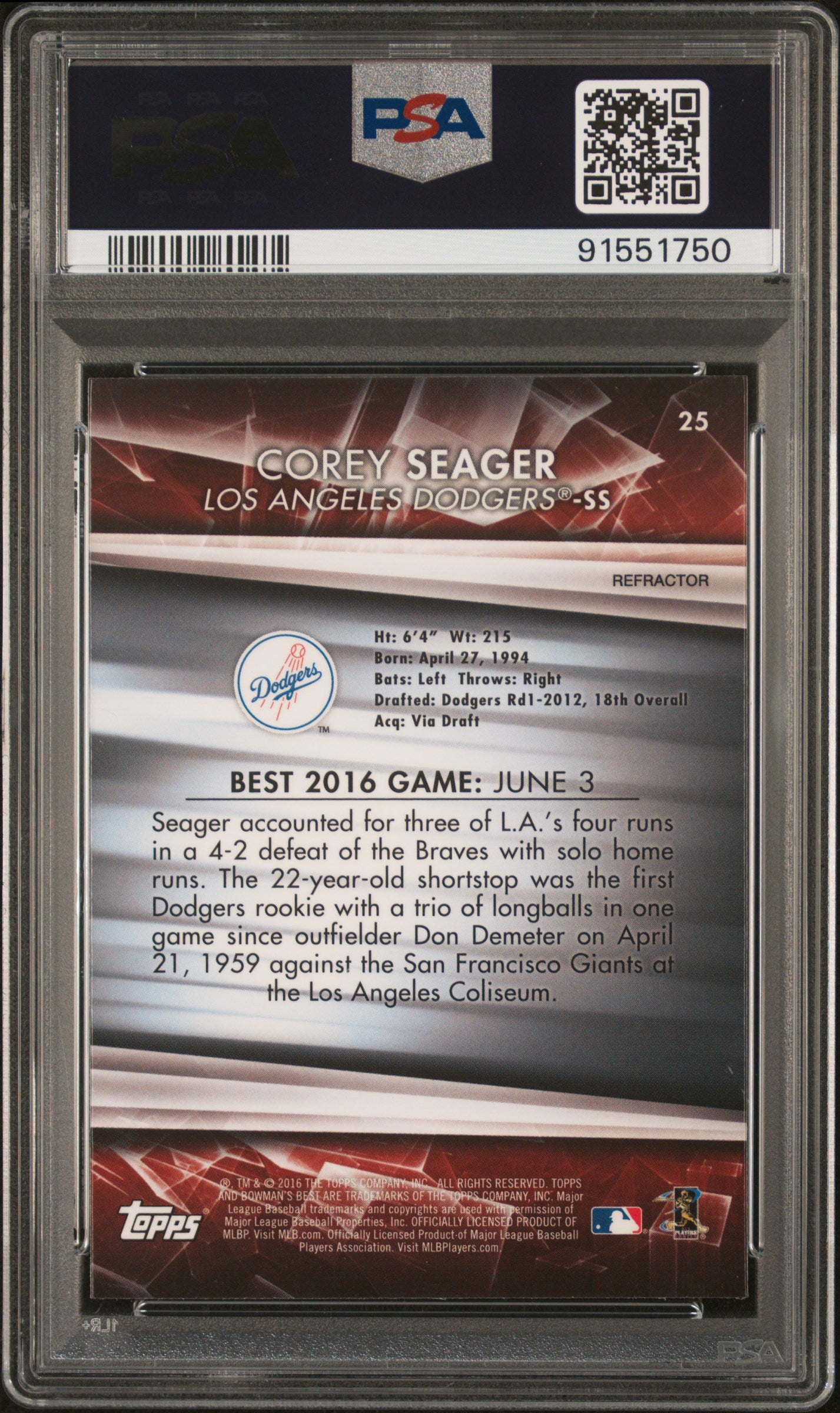 COREY SEAGER 2016 Bowman's Best Refractor Rookie #25 PSA 10 Dodgers