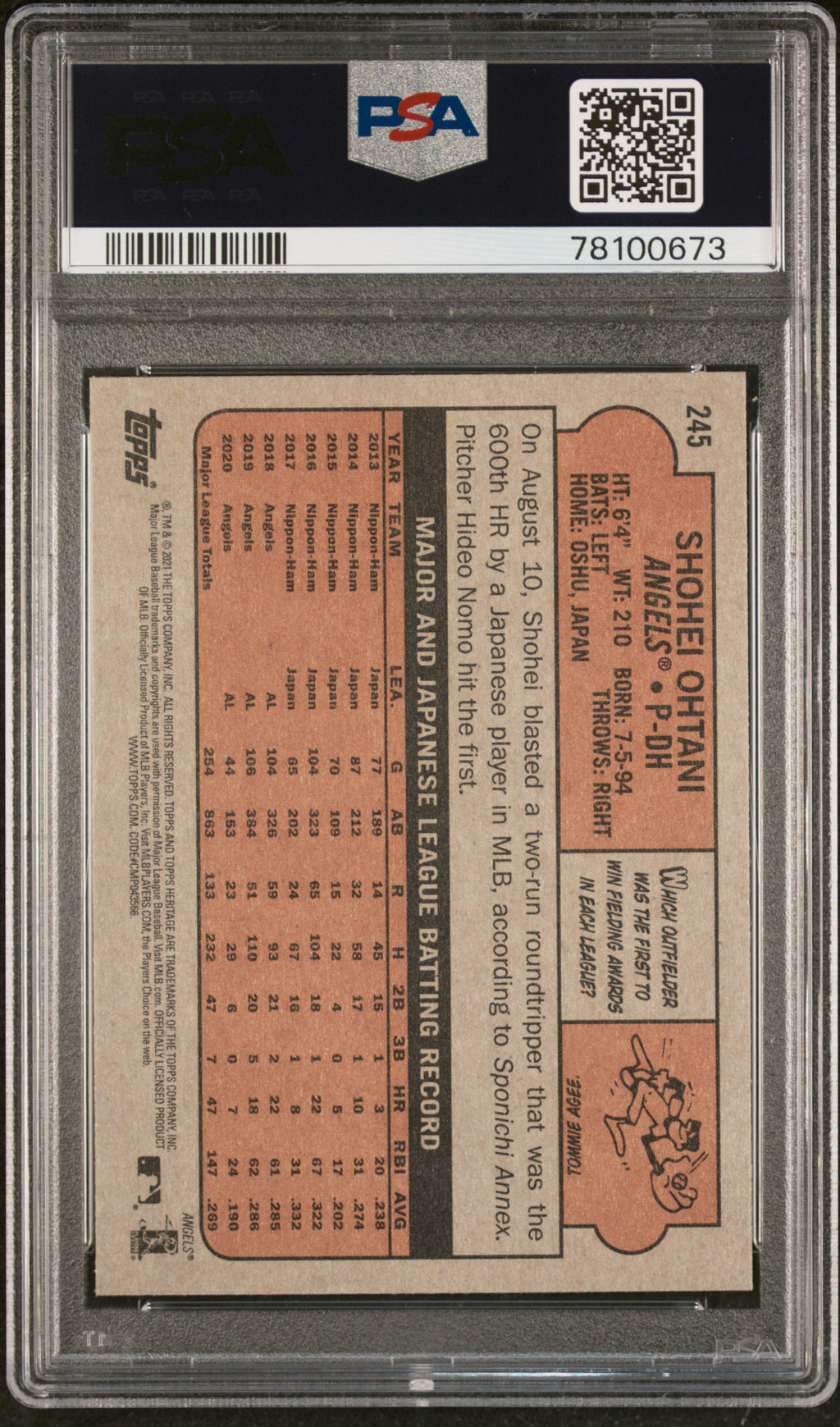 SHOHEI OHTANI 2021 Topps Heritage Chrome Hot Box Purple Refractor #245 PSA 9