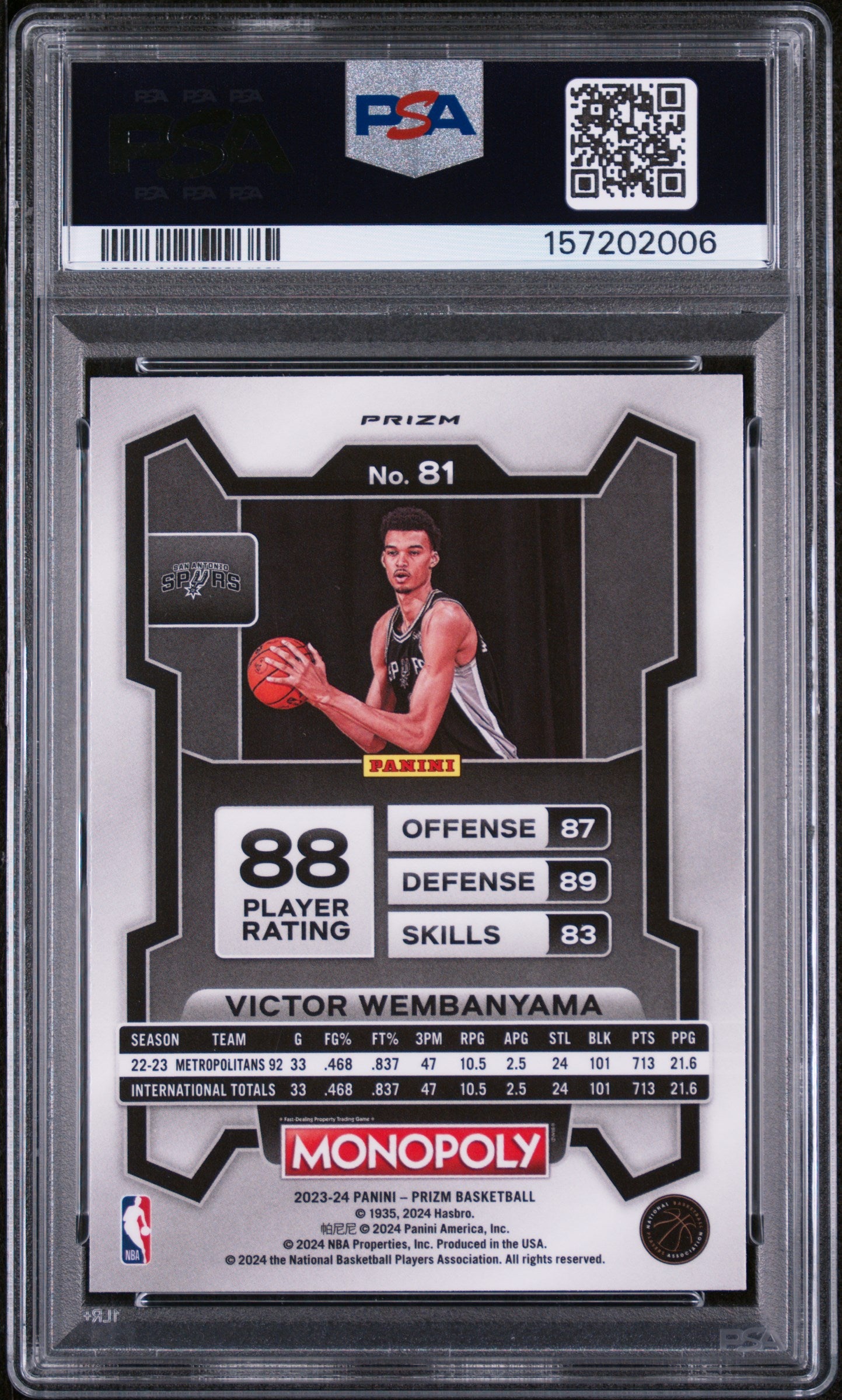 VICTOR WEMBANYAMA 2023-24 Panini Prizm Monopoly Purple Rookie #81 PSA 9 Spurs