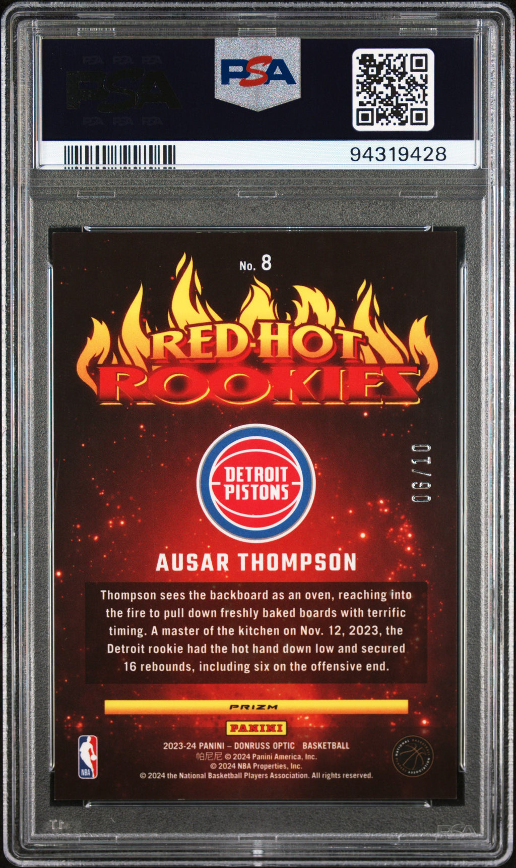 AUSAR THOMPSON 2023-24 Donruss Optic Red Hot Rookies Gold Prizm /10 #8 PSA 9
